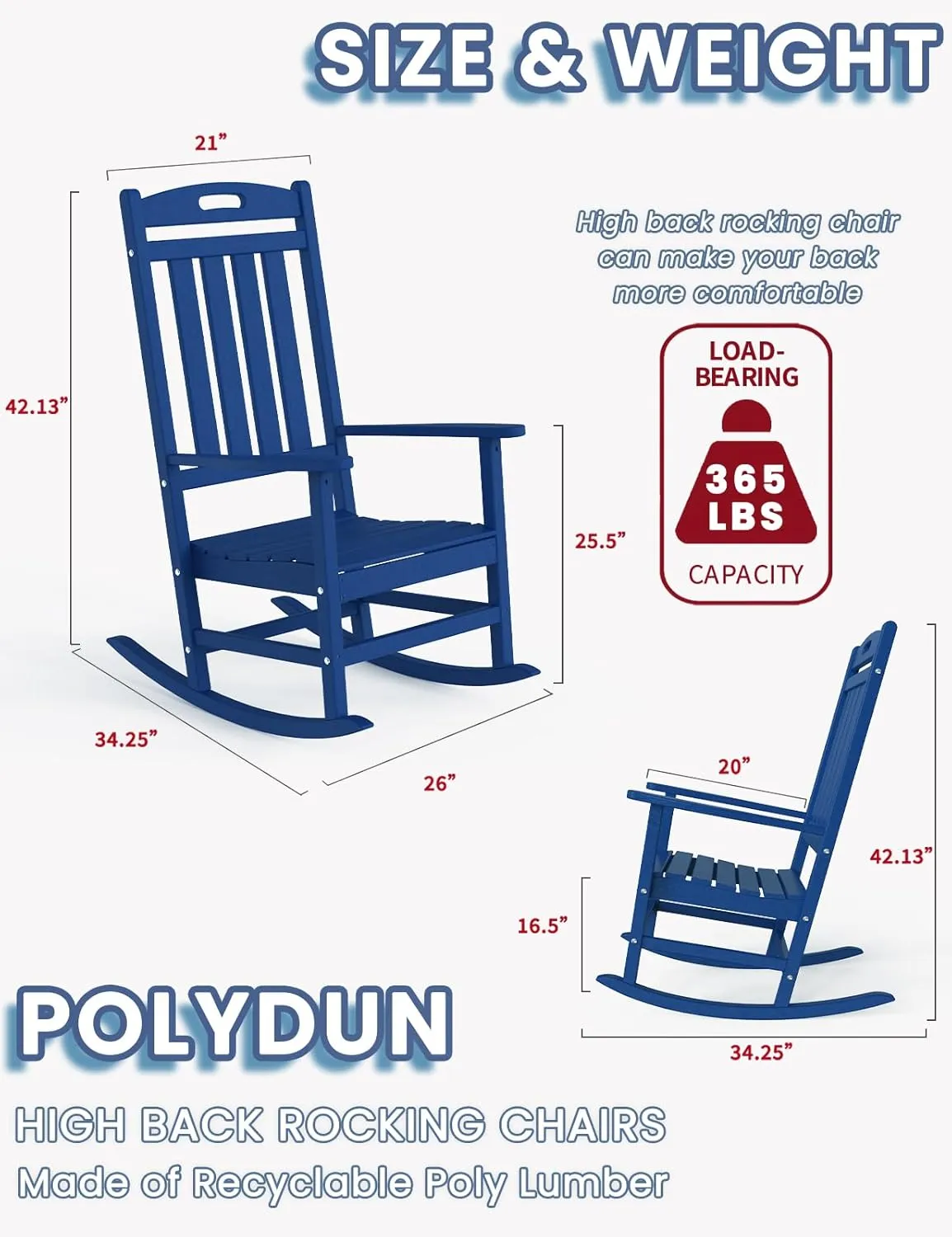 Outdoor Rocking Chair, High Back HDPE Patio Chair, All Weather Rocker Porch Chair, Lawn Chair for Deck, Porch, Backyard, Garden and Indoor, Navy