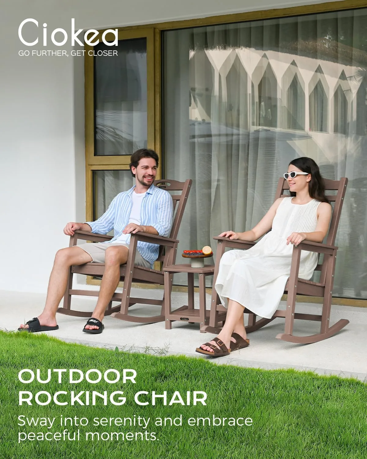 Outdoor Rocking Chair Set of 2, All-Weather HDPEOversized Patio Rocking Chairs for Adults, 380lbs Weight Capacity, Ergonomic Design for Porch, Backyard, Balcony, Teak