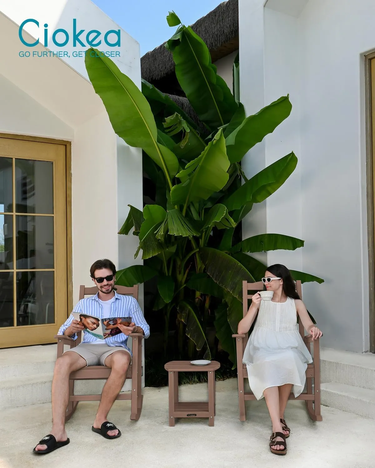 Outdoor Rocking Chair Set of 2, All-Weather HDPEOversized Patio Rocking Chairs for Adults, 380lbs Weight Capacity, Ergonomic Design for Porch, Backyard, Balcony, Teak