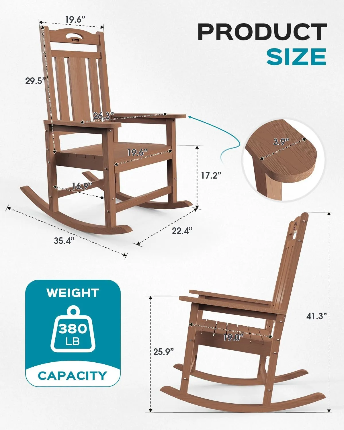 Outdoor Rocking Chair Set of 2, All-Weather HDPEOversized Patio Rocking Chairs for Adults, 380lbs Weight Capacity, Ergonomic Design for Porch, Backyard, Balcony, Teak