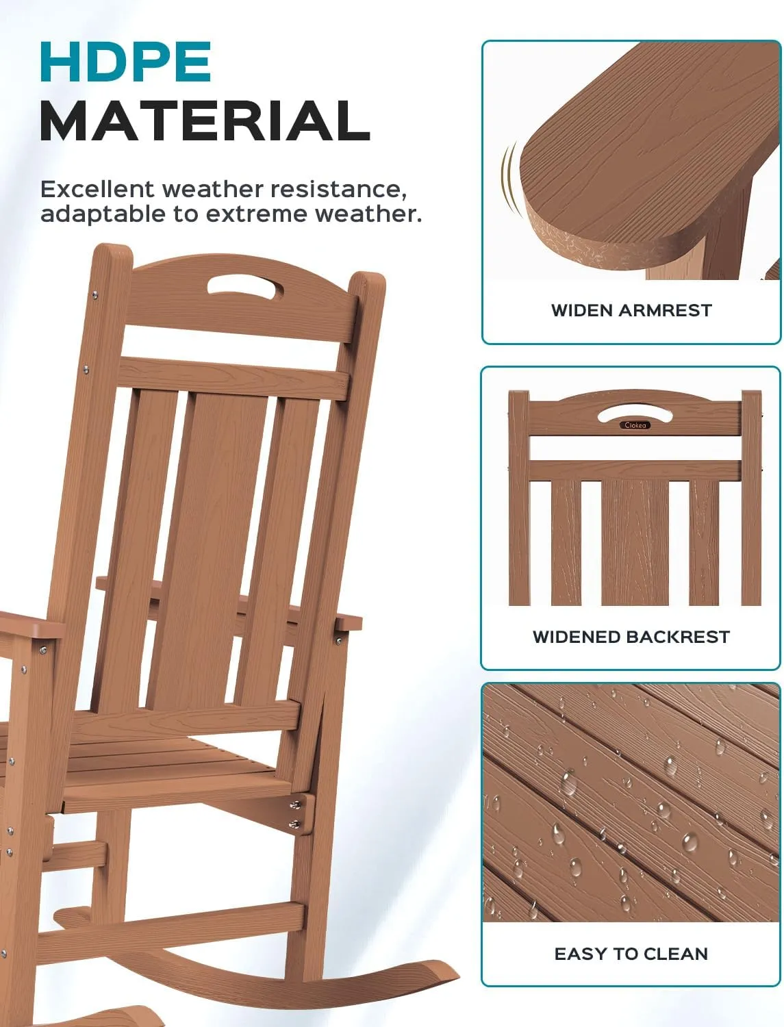 Outdoor Rocking Chair Set of 2, All-Weather HDPEOversized Patio Rocking Chairs for Adults, 380lbs Weight Capacity, Ergonomic Design for Porch, Backyard, Balcony, Teak