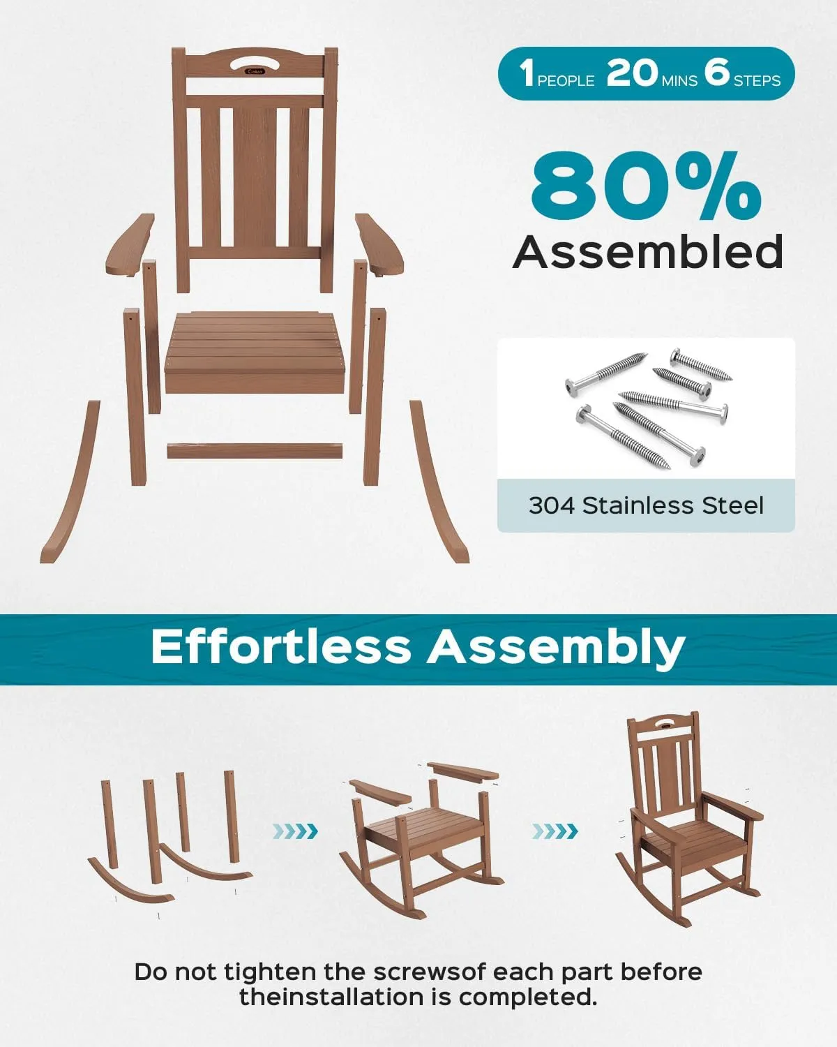 Outdoor Rocking Chair Set of 2, All-Weather HDPEOversized Patio Rocking Chairs for Adults, 380lbs Weight Capacity, Ergonomic Design for Porch, Backyard, Balcony, Teak