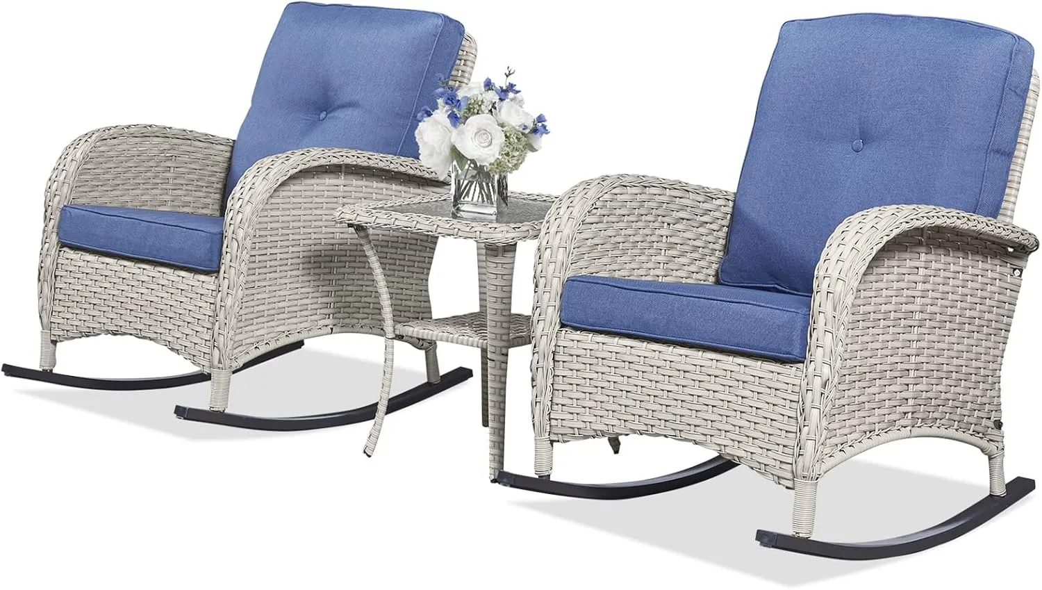 Outdoor Rocking Chairs Set of 2, Wicker Rocker Rocking Chairs for Porch, 3 Pieces Patio Furniture Sets Rocking Bistro Set with Cushions and Side Table