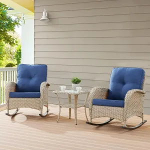 Outdoor Rocking Chairs Set of 2, Wicker Rocker Rocking Chairs for Porch, 3 Pieces Patio Furniture Sets Rocking Bistro Set with Cushions and Side Table