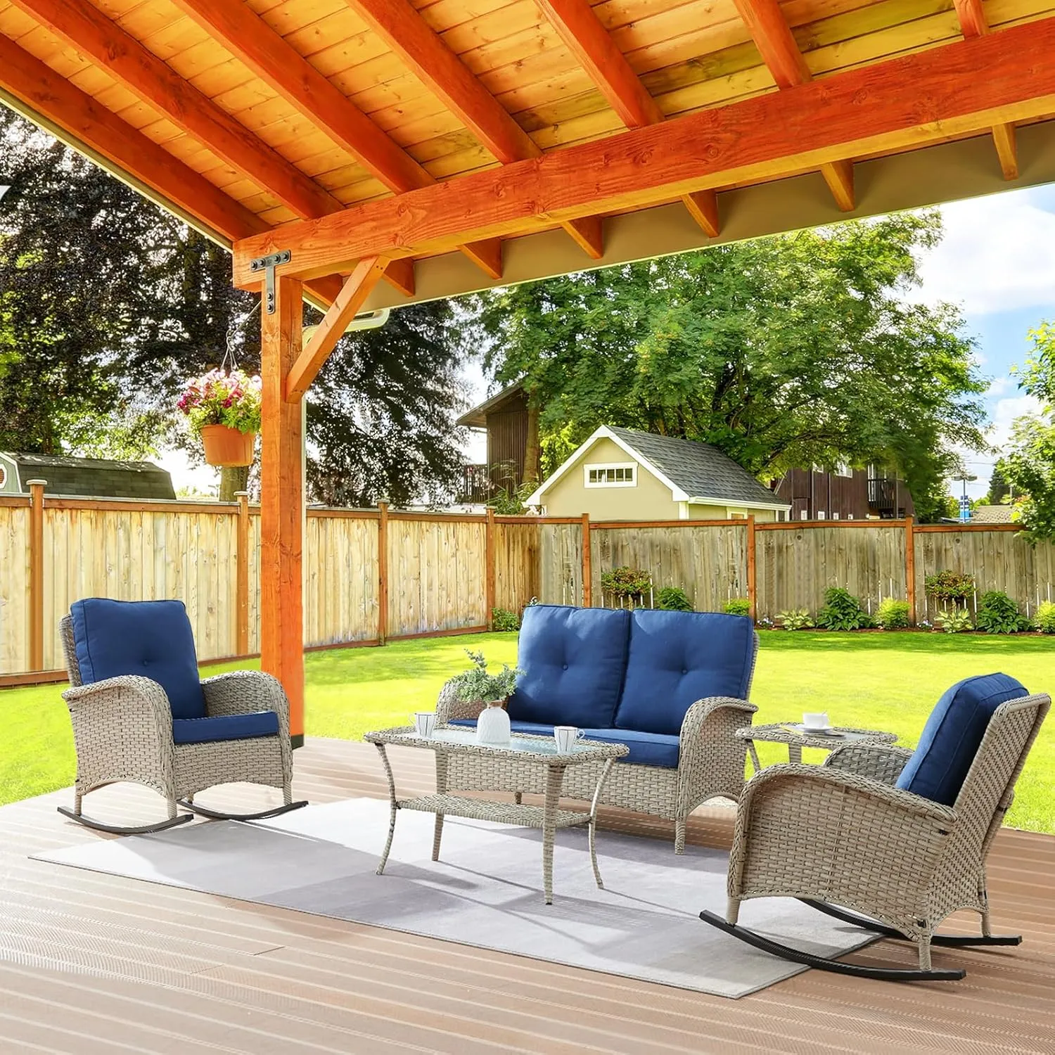 Outdoor Rocking Chairs Set of 2, Wicker Rocker Rocking Chairs for Porch, 3 Pieces Patio Furniture Sets Rocking Bistro Set with Cushions and Side Table
