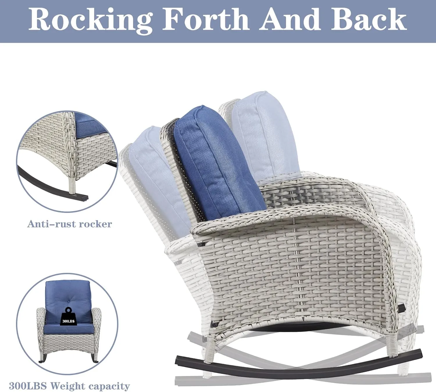 Outdoor Rocking Chairs Set of 2, Wicker Rocker Rocking Chairs for Porch, 3 Pieces Patio Furniture Sets Rocking Bistro Set with Cushions and Side Table