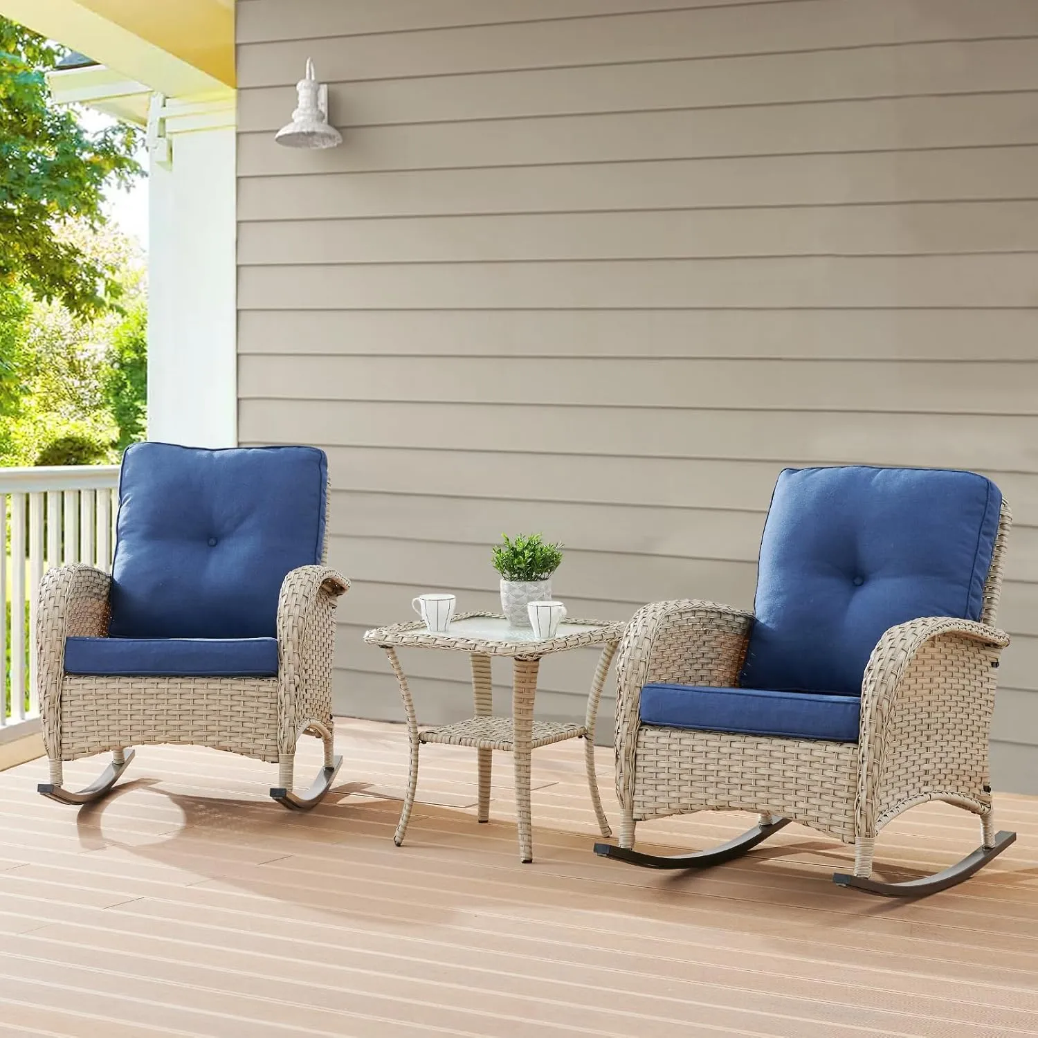 Outdoor Rocking Chairs Set of 2, Wicker Rocker Rocking Chairs for Porch, 3 Pieces Patio Furniture Sets Rocking Bistro Set with Cushions and Side Table