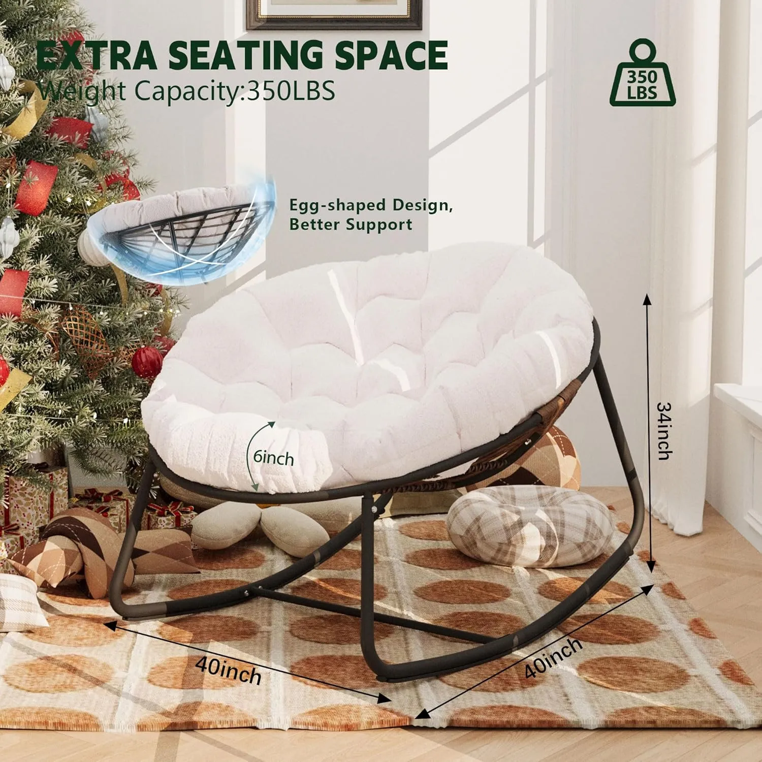Outdoor Round Rocking Chair, Patio Wicker Egg Chair, Comfy Oversized Papasan Chair with Beige Teddy Wool Padded Cushion Black Frame, Royal Rattan Rocker for Living Room, Front Porch, Patio