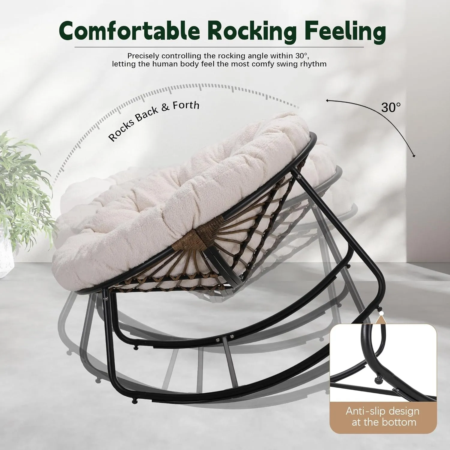Outdoor Round Rocking Chair, Patio Wicker Egg Chair, Comfy Oversized Papasan Chair with Beige Teddy Wool Padded Cushion Black Frame, Royal Rattan Rocker for Living Room, Front Porch, Patio