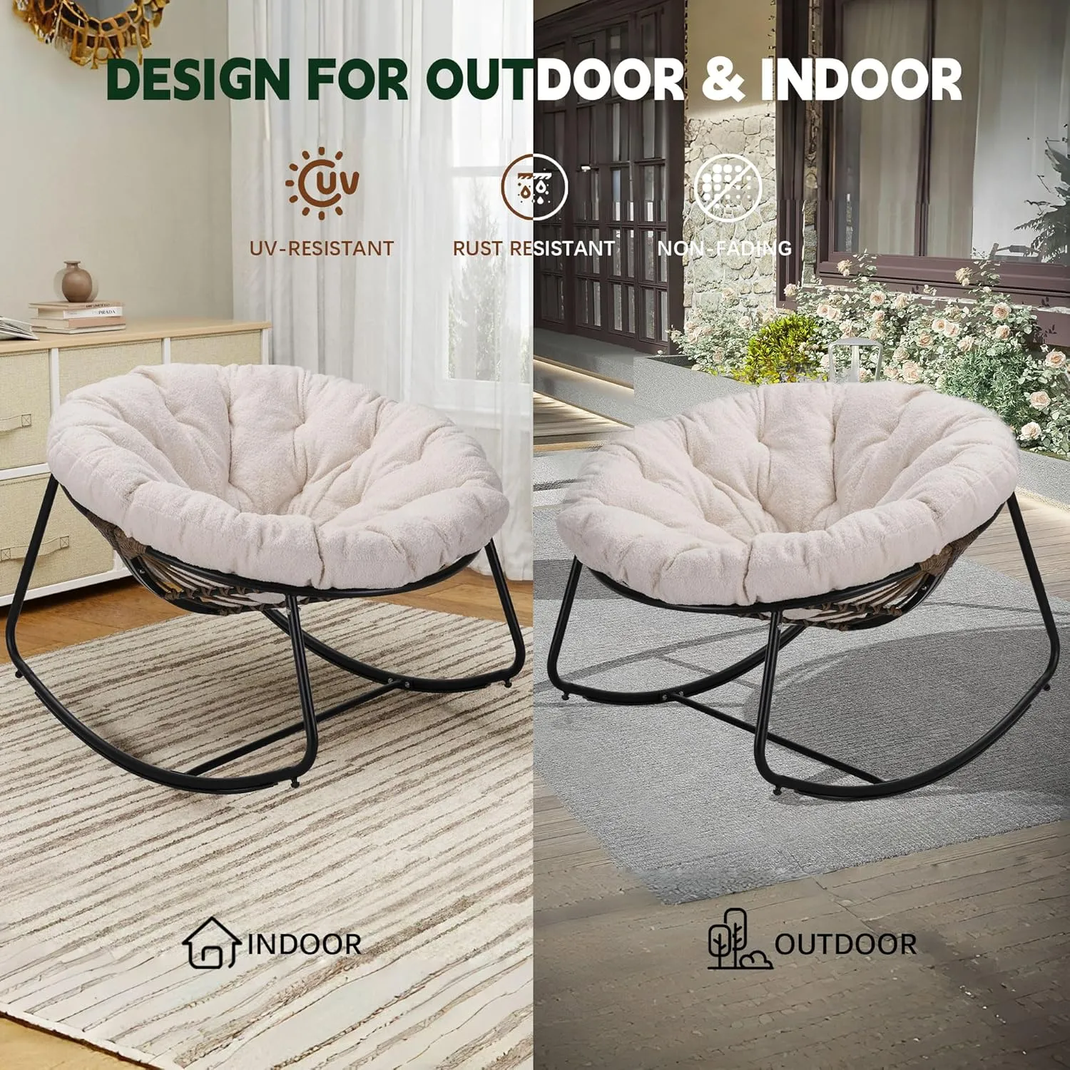 Outdoor Round Rocking Chair, Patio Wicker Egg Chair, Comfy Oversized Papasan Chair with Beige Teddy Wool Padded Cushion Black Frame, Royal Rattan Rocker for Living Room, Front Porch, Patio