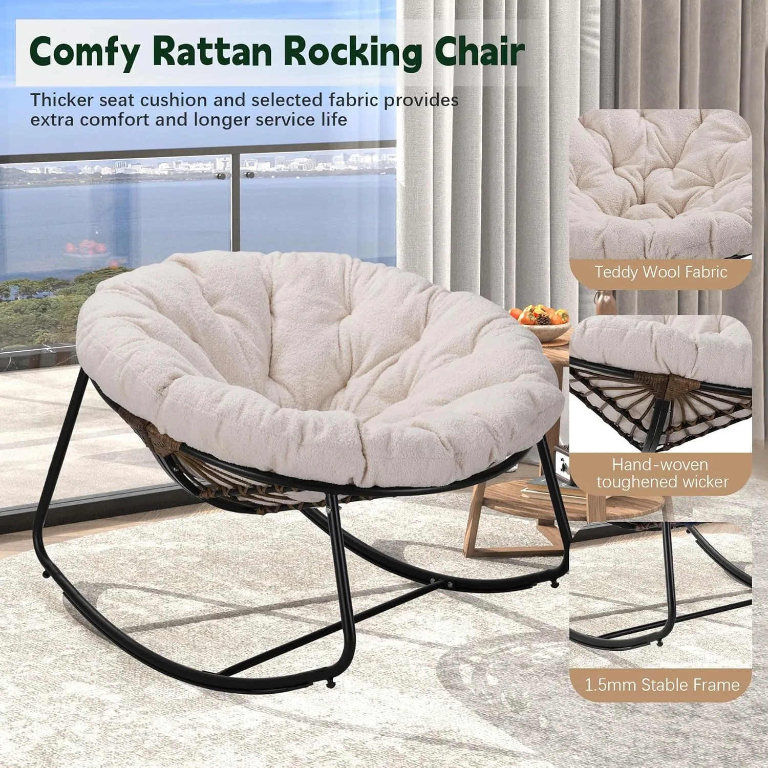 Outdoor Round Rocking Chair, Patio Wicker Egg Chair, Comfy Oversized Papasan Chair with Beige Teddy Wool Padded Cushion Black Frame, Royal Rattan Rocker for Living Room, Front Porch, Patio