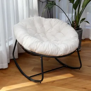 Outdoor Round Rocking Chair, Patio Wicker Egg Chair, Comfy Oversized Papasan Chair with Beige Teddy Wool Padded Cushion Black Frame, Royal Rattan Rocker for Living Room, Front Porch, Patio