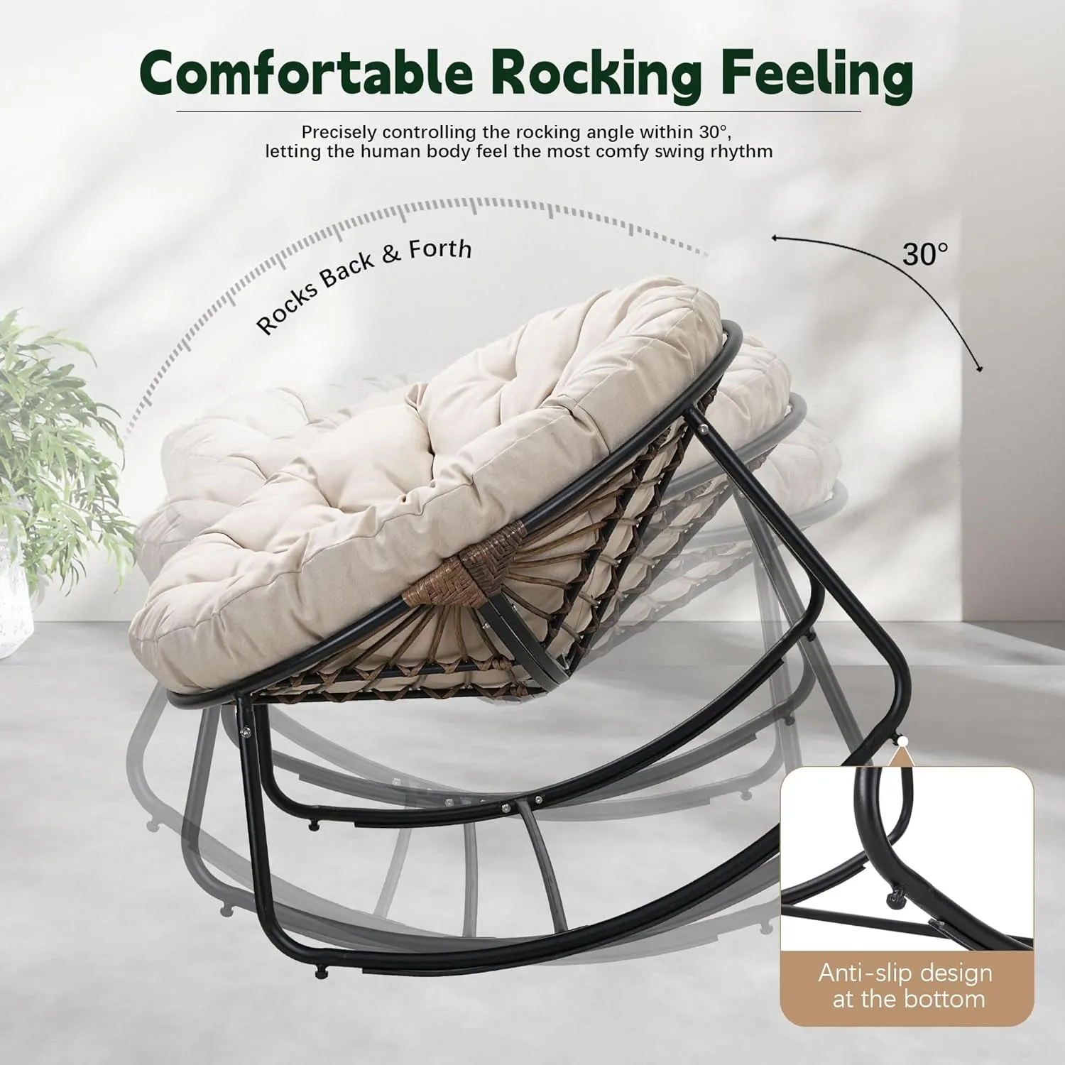 Outdoor Round Rocking Chair, Patio Wicker Egg Chair, Comfy Oversized Papasan with Beige Padded Cushion Black Frame, Royal Rattan Rocker for Living Room, Front Porch, Patio
