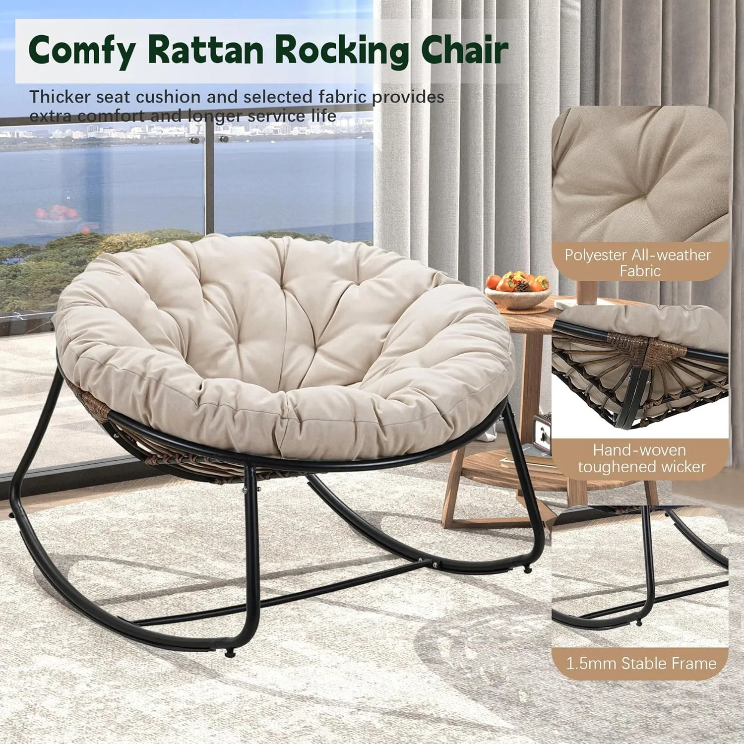 Outdoor Round Rocking Chair, Patio Wicker Egg Chair, Comfy Oversized Papasan with Beige Padded Cushion Black Frame, Royal Rattan Rocker for Living Room, Front Porch, Patio