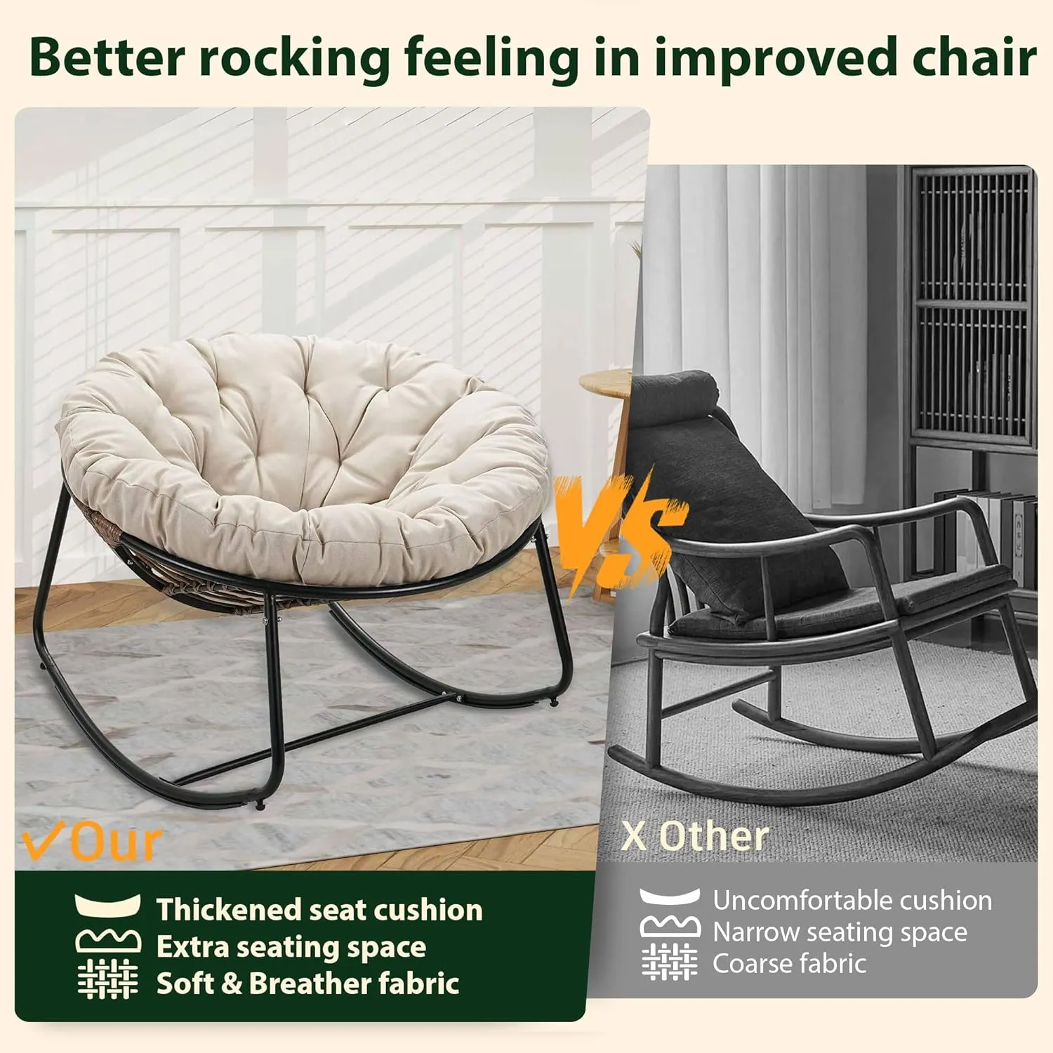 Outdoor Round Rocking Chair, Patio Wicker Egg Chair, Comfy Oversized Papasan with Beige Padded Cushion Black Frame, Royal Rattan Rocker for Living Room, Front Porch, Patio