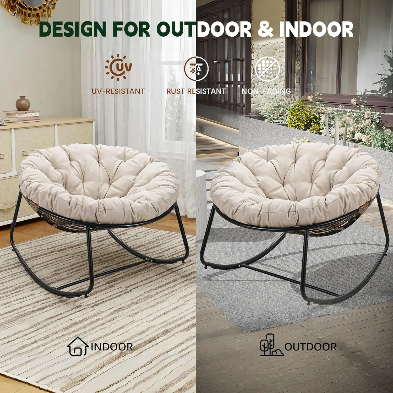 Outdoor Round Rocking Chair, Patio Wicker Egg Chair, Comfy Oversized Papasan with Beige Padded Cushion Black Frame, Royal Rattan Rocker for Living Room, Front Porch, Patio
