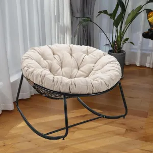 Outdoor Round Rocking Chair, Patio Wicker Egg Chair, Comfy Oversized Papasan with Beige Padded Cushion Black Frame, Royal Rattan Rocker for Living Room, Front Porch, Patio