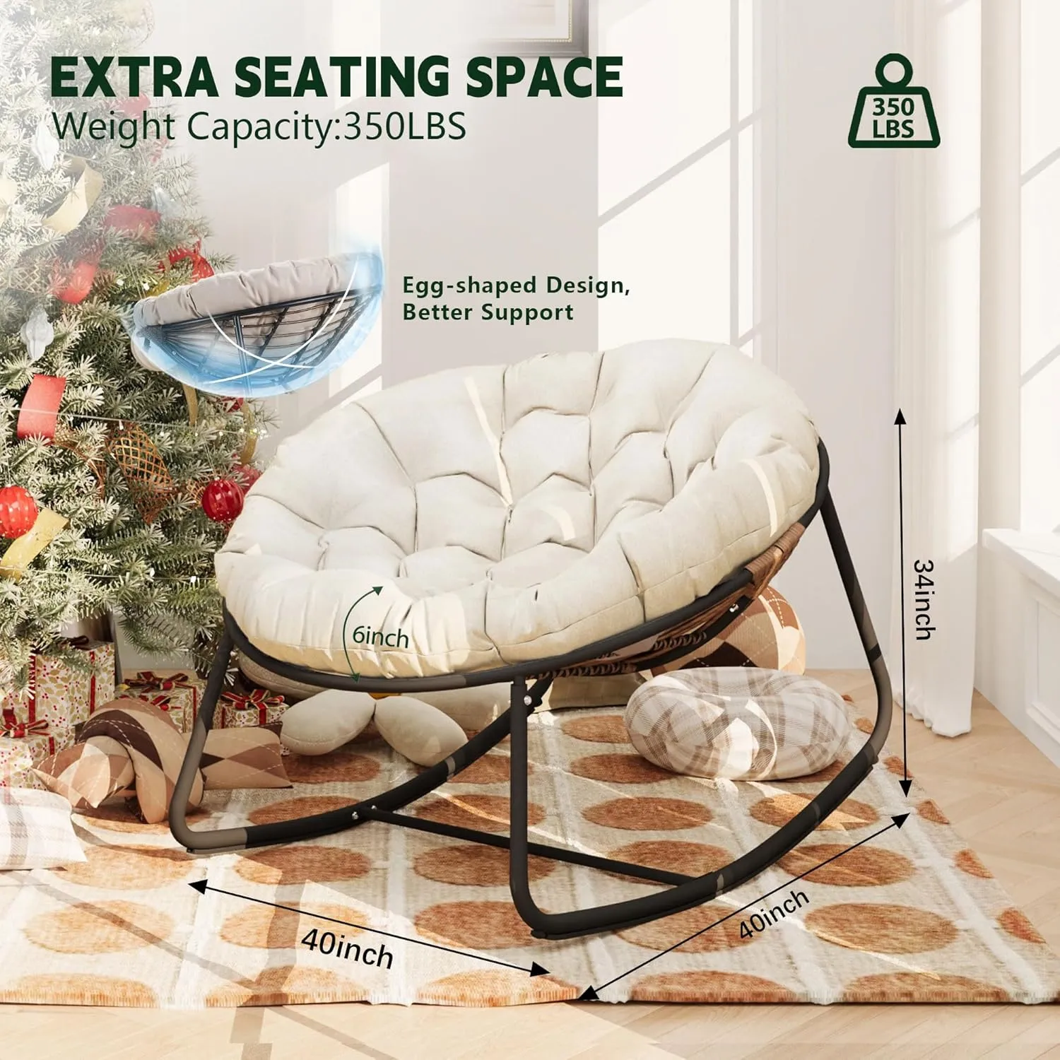 Outdoor Round Rocking Chair, Patio Wicker Egg Chair, Comfy Oversized Papasan with Beige Padded Cushion Black Frame, Royal Rattan Rocker for Living Room, Front Porch, Patio