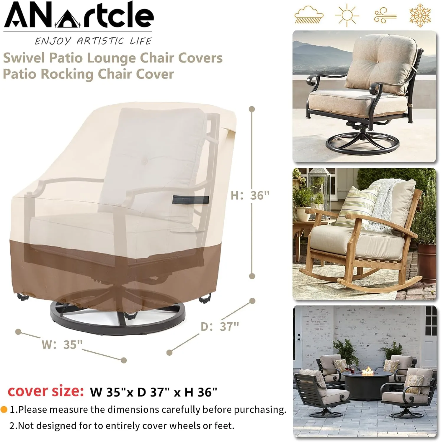 Outdoor Swivel Lounge Chair Cover 2 Pack,600D Waterproof Heavy Duty Outdoor Chair Covers(35 W x 37 D x 38.5 H inches),Patio Swivel Chair Covers for Outdoor Furniture,Beige&Brown.