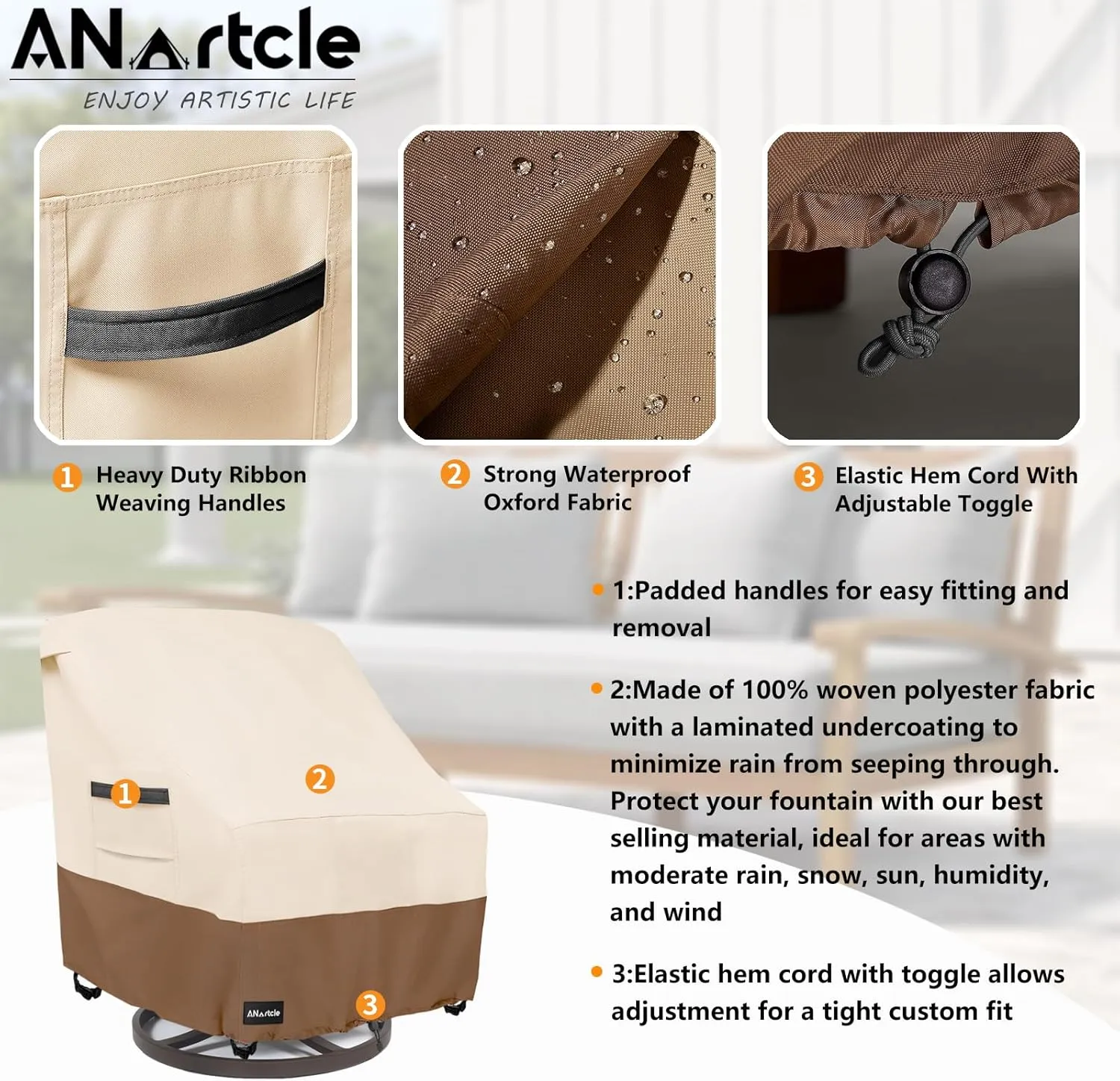 Outdoor Swivel Lounge Chair Cover 2 Pack,600D Waterproof Heavy Duty Outdoor Chair Covers(35 W x 37 D x 38.5 H inches),Patio Swivel Chair Covers for Outdoor Furniture,Beige&Brown.