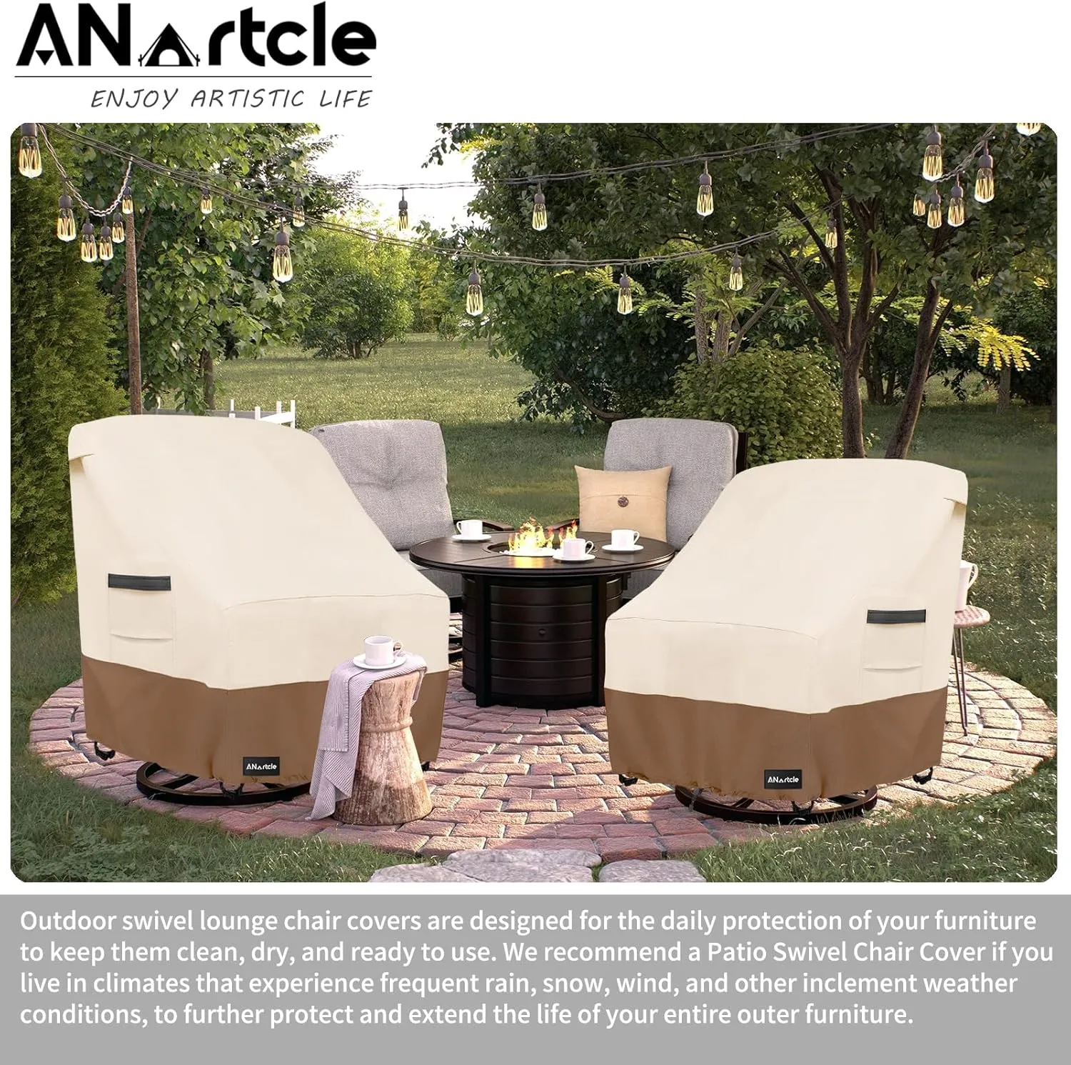 Outdoor Swivel Lounge Chair Cover 2 Pack,600D Waterproof Heavy Duty Outdoor Chair Covers(35 W x 37 D x 38.5 H inches),Patio Swivel Chair Covers for Outdoor Furniture,Beige&Brown.