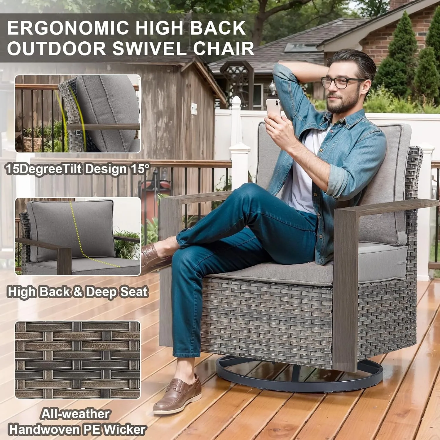 Outdoor Swivel Rocker Chairs with Metal Wide Armrests, Patio Wicker Swivel Chairs Set of 2, Patio Furniture Set with Swivel Glider Chairs for Porch Deck Sunroom Backyard