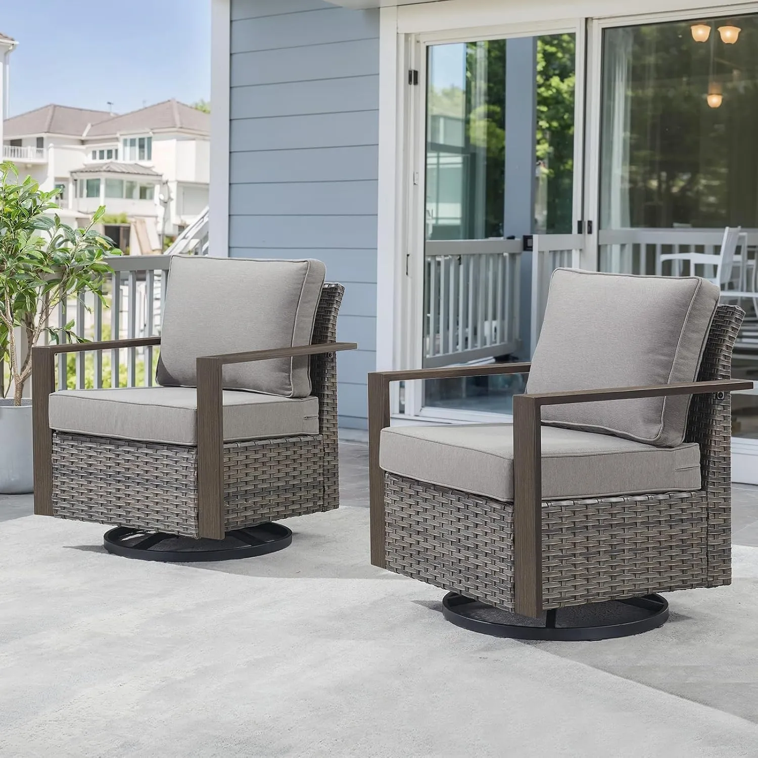 Outdoor Swivel Rocker Chairs with Metal Wide Armrests, Patio Wicker Swivel Chairs Set of 2, Patio Furniture Set with Swivel Glider Chairs for Porch Deck Sunroom Backyard