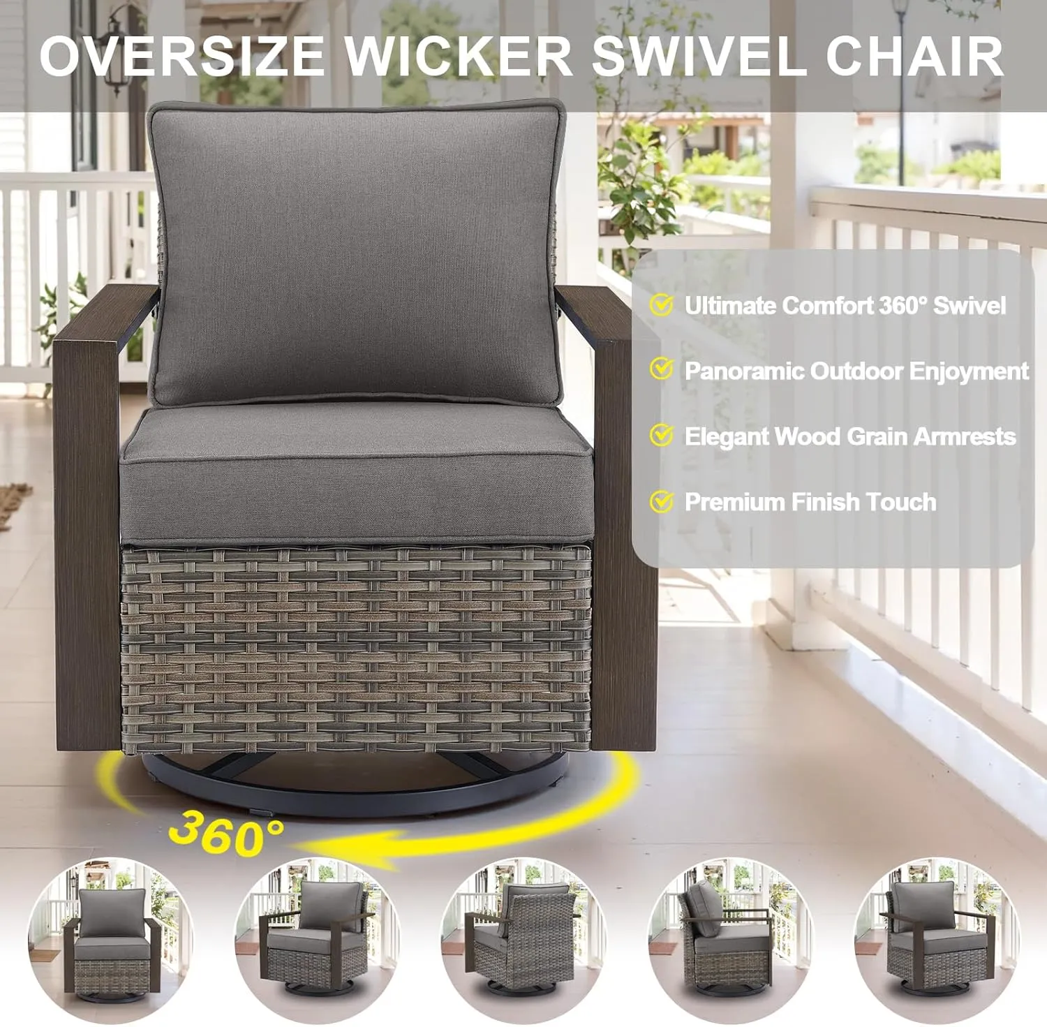 Outdoor Swivel Rocker Chairs with Metal Wide Armrests, Patio Wicker Swivel Chairs Set of 2, Patio Furniture Set with Swivel Glider Chairs for Porch Deck Sunroom Backyard