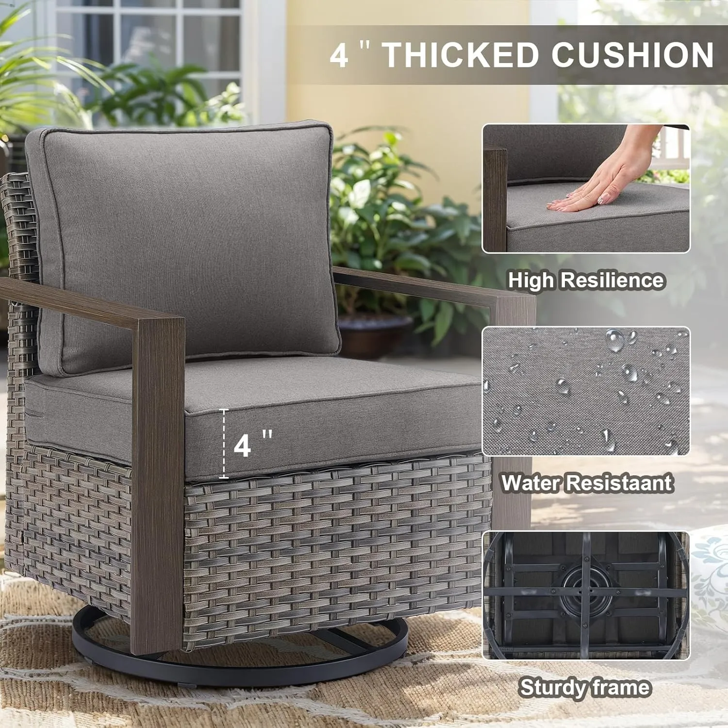 Outdoor Swivel Rocker Chairs with Metal Wide Armrests, Patio Wicker Swivel Chairs Set of 2, Patio Furniture Set with Swivel Glider Chairs for Porch Deck Sunroom Backyard