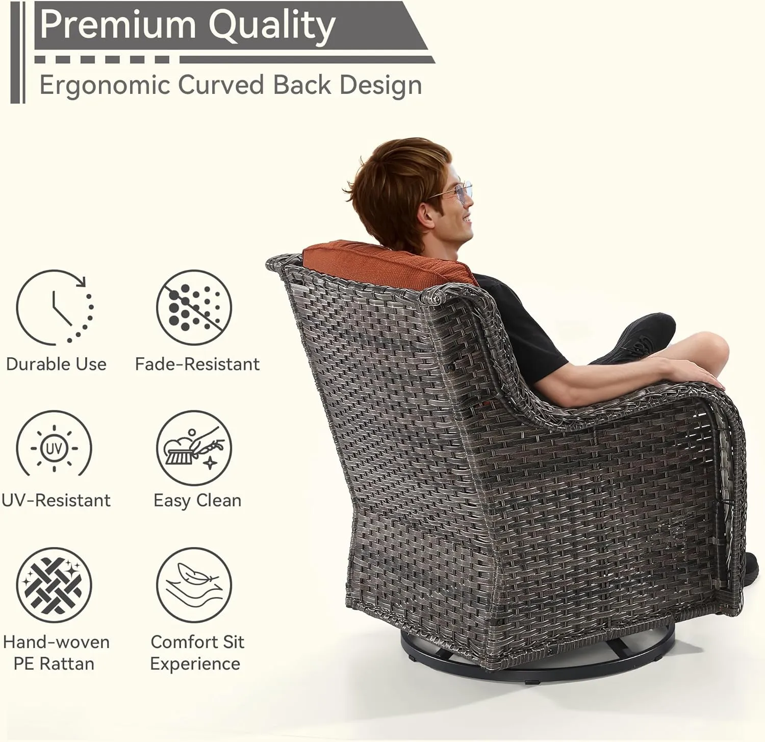 Outdoor Swivel Rocker Patio Chairs Set of 2 - Outdoor Wicker Patio Conversation Sets 2 Pieces with Olefin Fabric Cushions Suitable for Backyard Deck and Porch, Orange