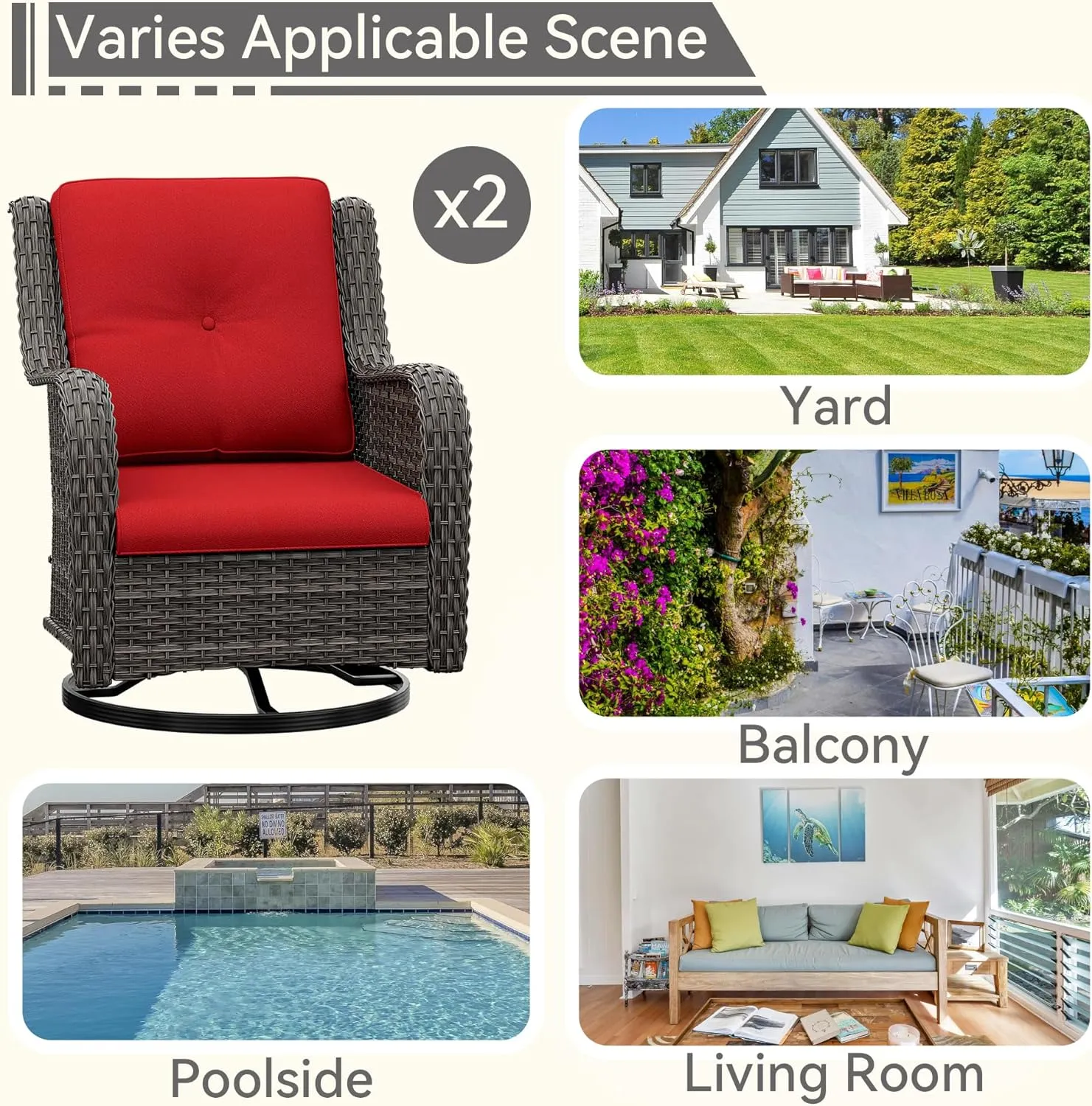 Outdoor Swivel Rocker Patio Chairs Set of 2 - Outdoor Wicker Patio Conversation Sets 2 Pieces with Olefin Fabric Cushions Suitable for Backyard Deck and Porch, Red