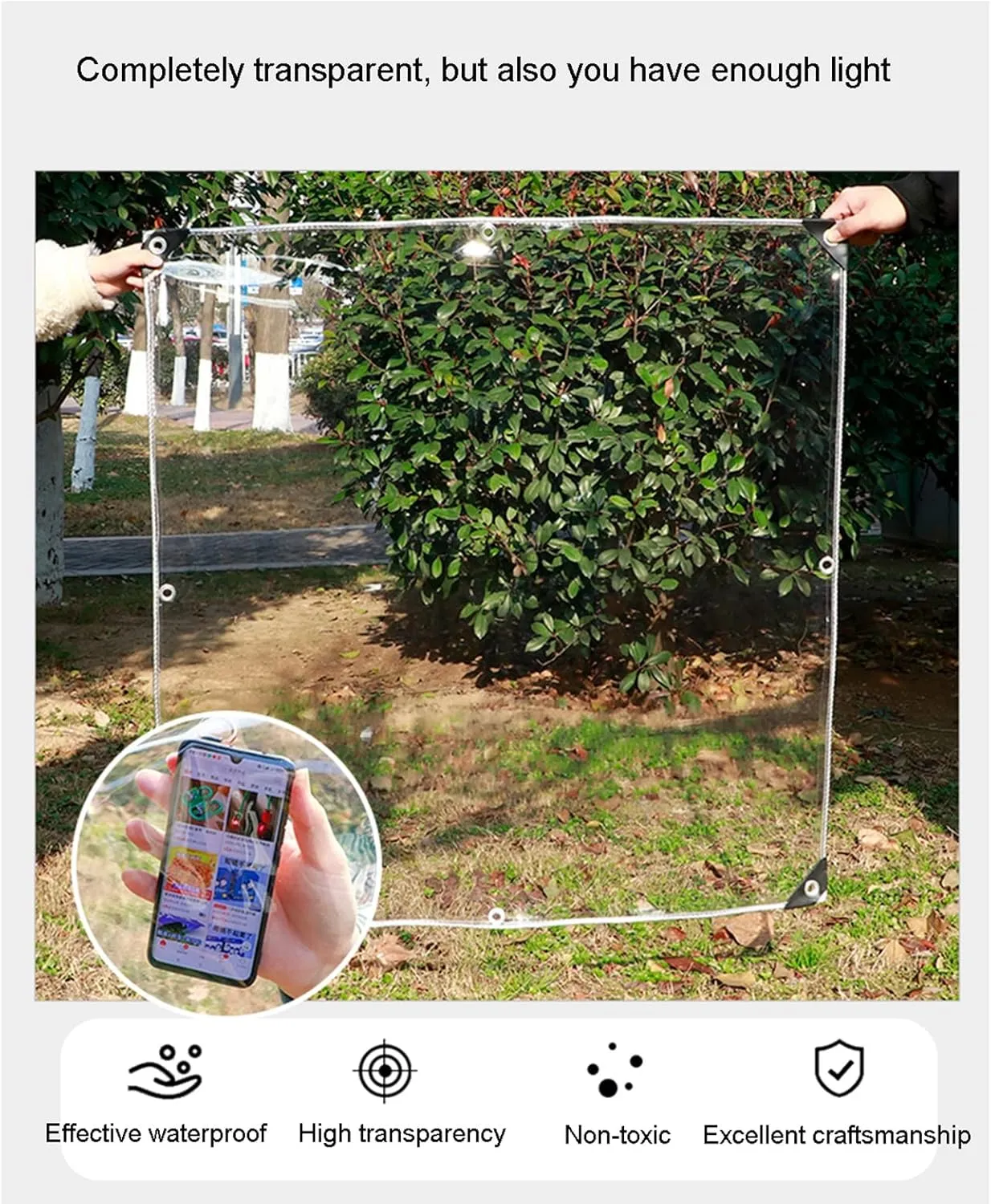 Outdoor Transparent Tarp Curtains, PVC Plastic Tarpaulin Heavy Duty Waterproof Thermal Insulation Transparent Tarp Sheet with Eyelets 0.35mm Thick Curtains for Patio Garden Camping Groundsheet