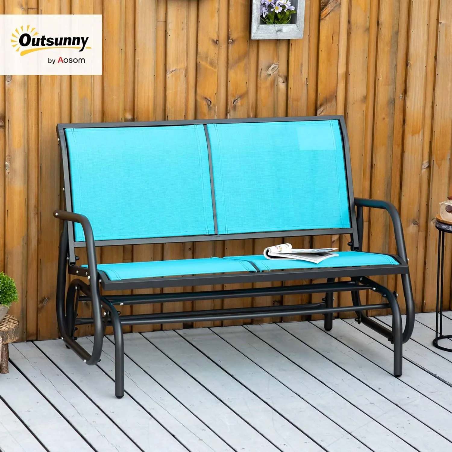 Outsunny 2-Person Outdoor Glider Bench, Patio Double Swing Rocking Chair Loveseat w/Powder Coated Steel Frame for Backyard Garden Porch, Blue