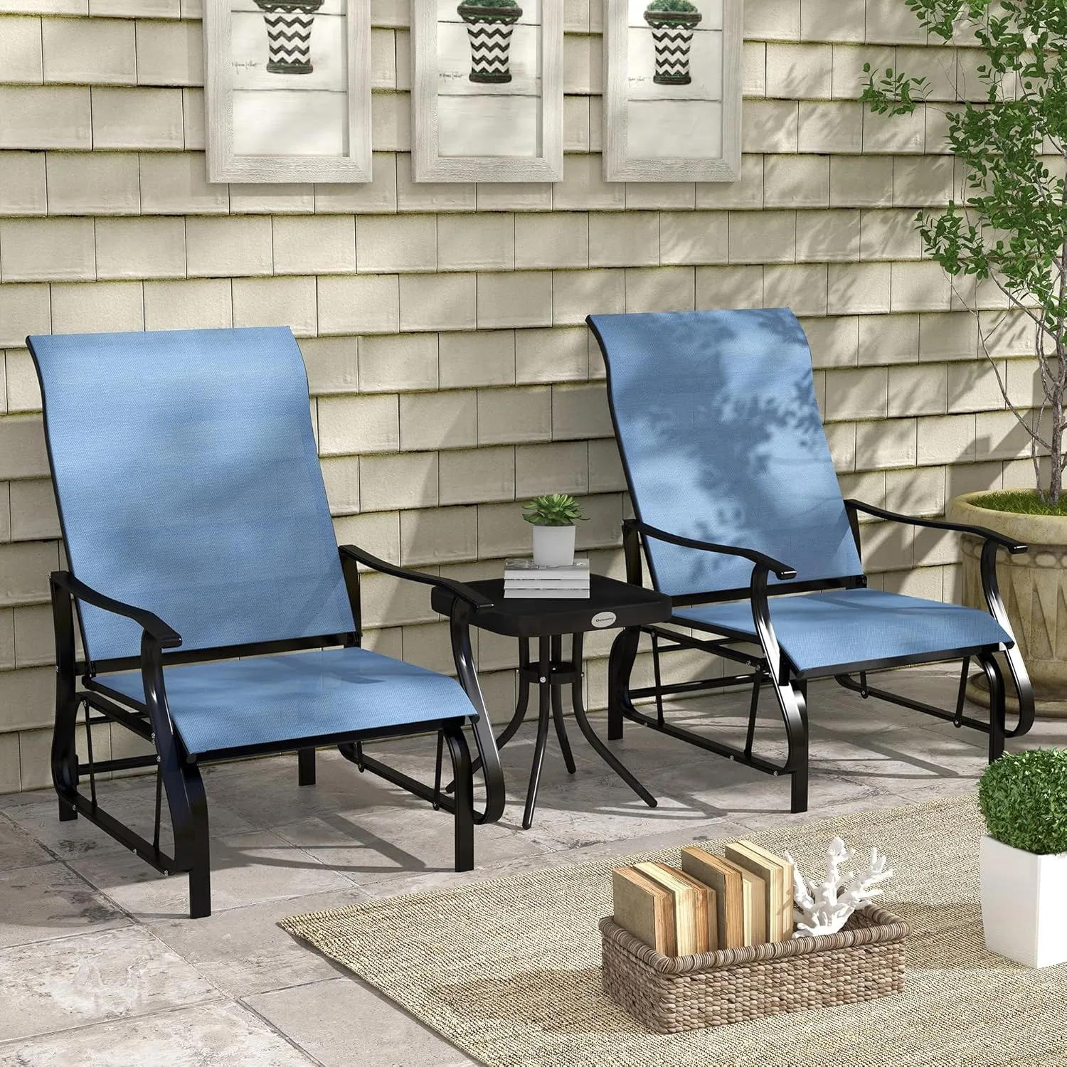Outsunny 3-Piece Outdoor Gliders Set Bistro Set with Steel Frame, Tempered Glass Top Table for Patio, Garden, Backyard, Lawn, Light Blue