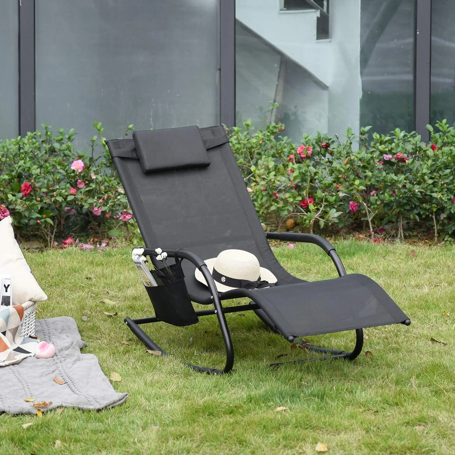 Outsunny Outdoor Rocking Chair, Chaise Lounge Pool Chair for Sun Tanning, Sunbathing, a Rocker with Side Pocket, Armrests & Pillow for Patio, Lawn, Beach, Black