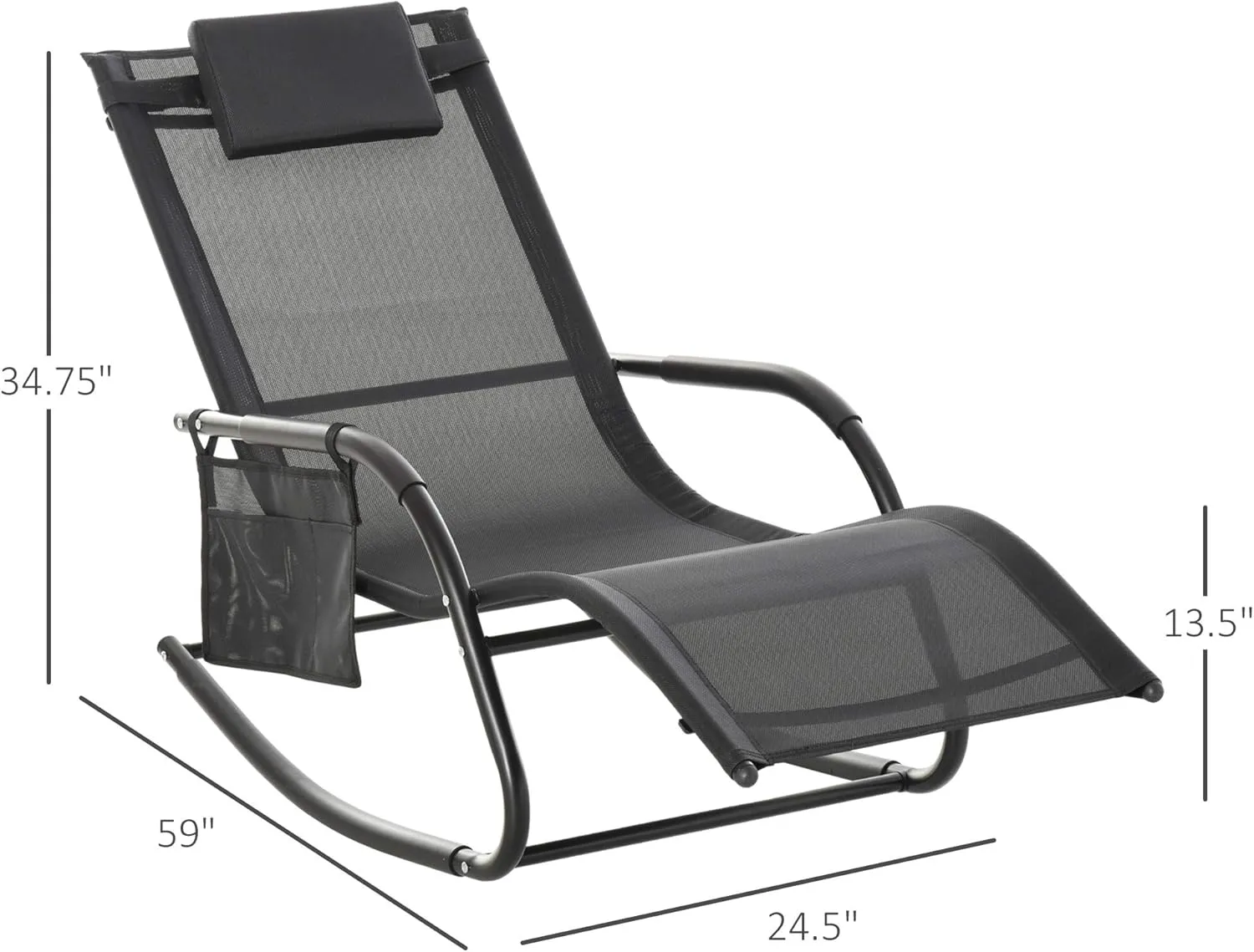 Outsunny Outdoor Rocking Chair, Chaise Lounge Pool Chair for Sun Tanning, Sunbathing, a Rocker with Side Pocket, Armrests & Pillow for Patio, Lawn, Beach, Black