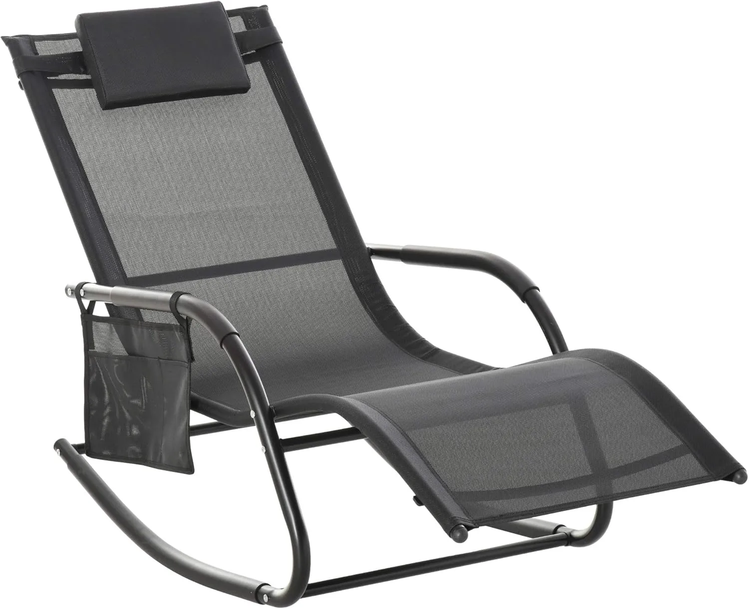 Outsunny Outdoor Rocking Chair, Chaise Lounge Pool Chair for Sun Tanning, Sunbathing, a Rocker with Side Pocket, Armrests & Pillow for Patio, Lawn, Beach, Black