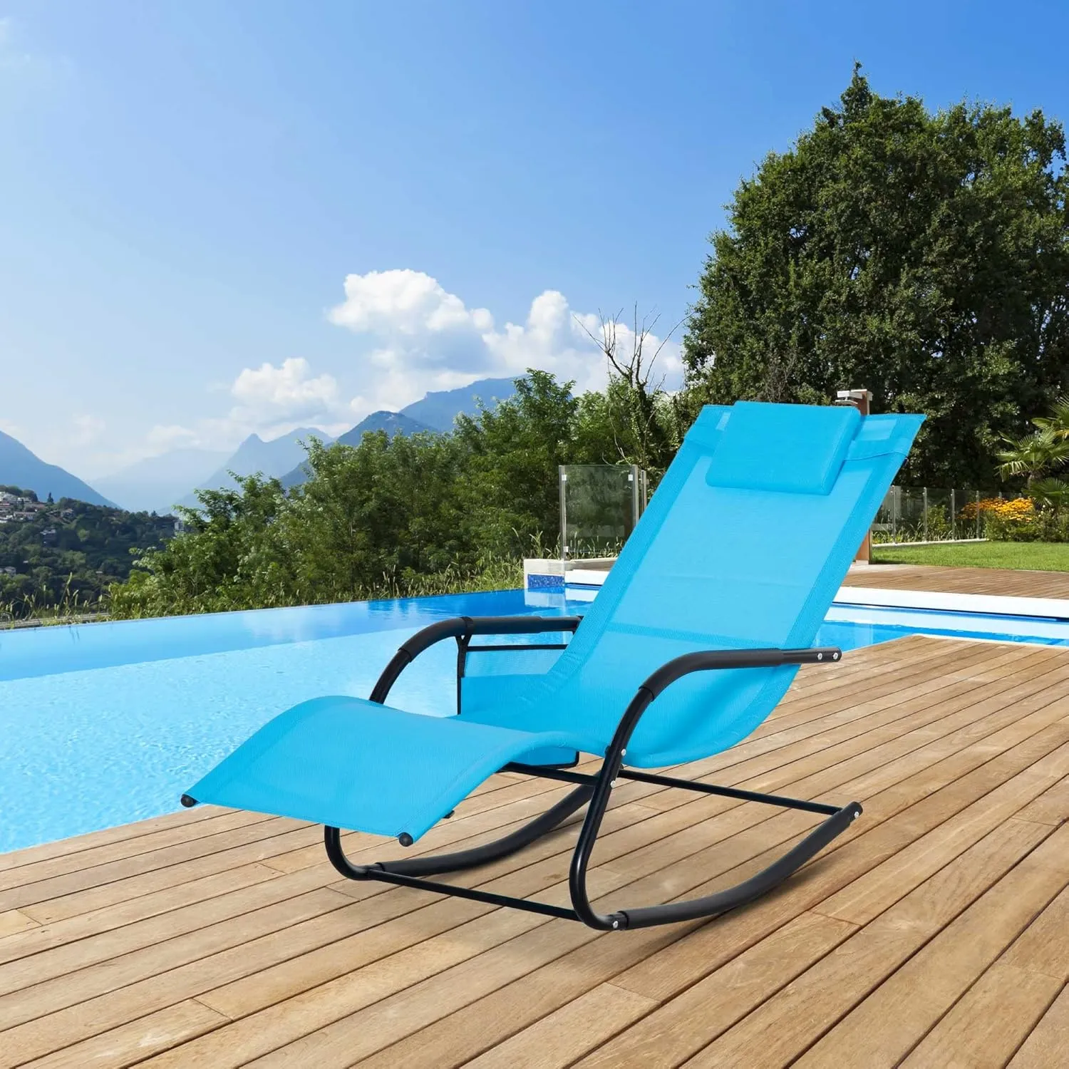 Outsunny Outdoor Rocking Chair, Chaise Lounge Pool Chair for Sun Tanning, Sunbathing, a Rocker with Side Pocket, Armrests & Pillow for Patio, Lawn, Beach, Blue