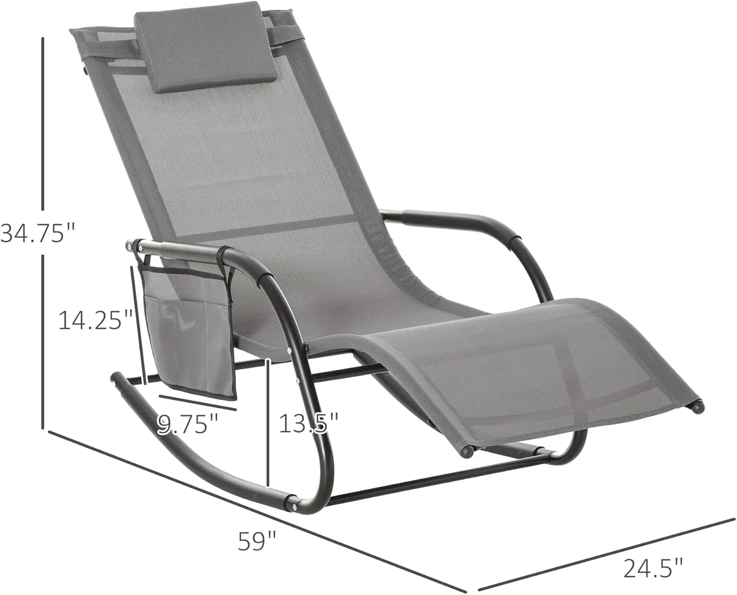 Outsunny Outdoor Rocking Chair, Chaise Lounge Pool Chair for Sun Tanning, Sunbathing, a Rocker with Side Pocket, Armrests & Pillow for Patio, Lawn, Beach, Gray
