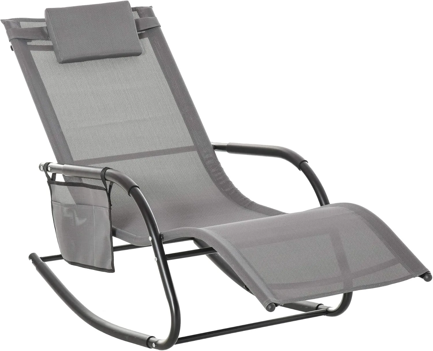 Outsunny Outdoor Rocking Chair, Chaise Lounge Pool Chair for Sun Tanning, Sunbathing, a Rocker with Side Pocket, Armrests & Pillow for Patio, Lawn, Beach, Gray