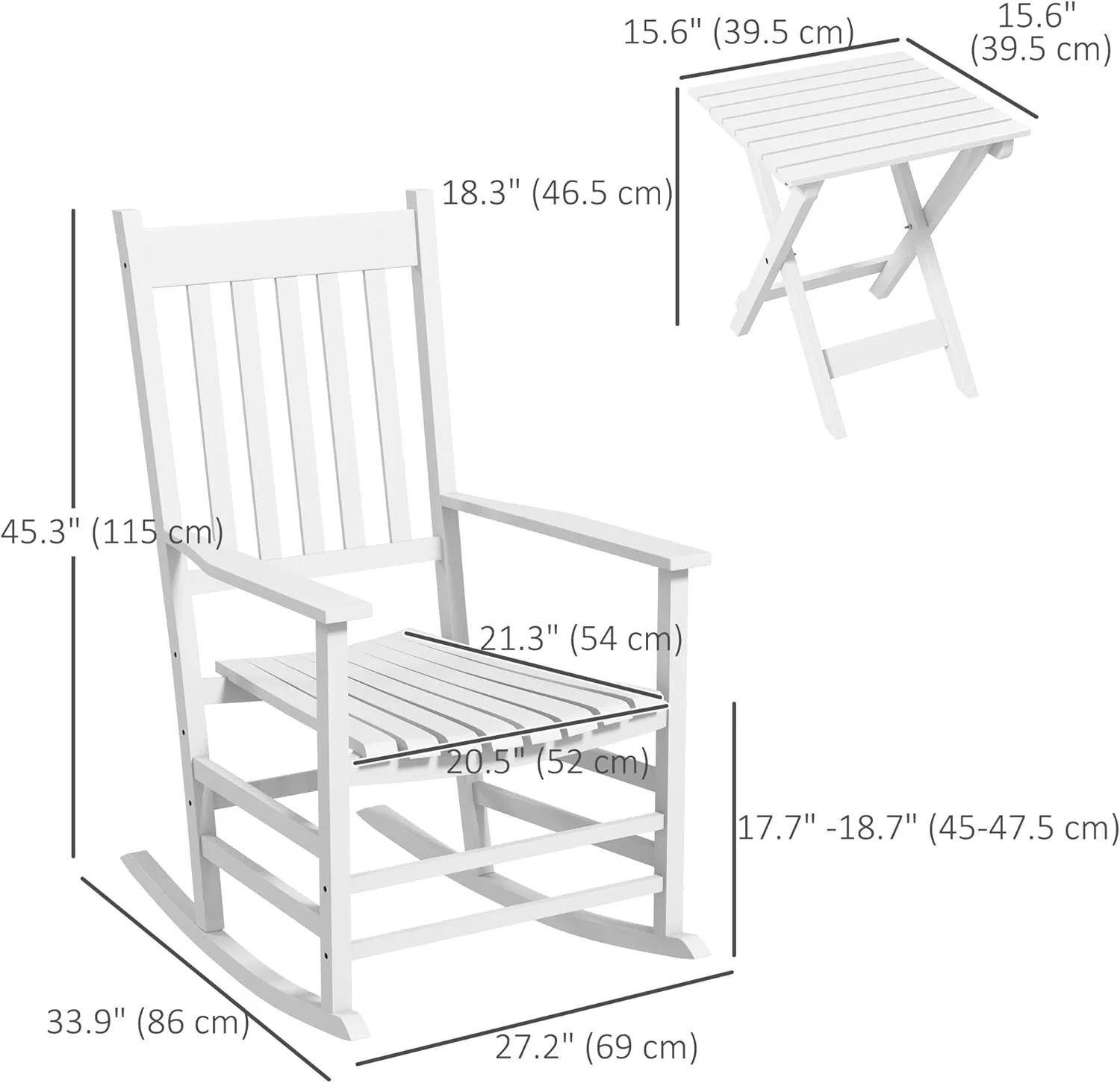 Outsunny Outdoor Rocking Chair Set of 2 with Side Table, Patio Wooden Rocking Chair with Smooth Armrests, High Back for Garden, Balcony, Porch, Supports Up to 352 lbs, White