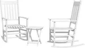 Outsunny Outdoor Rocking Chair Set of 2 with Side Table, Patio Wooden Rocking Chair with Smooth Armrests, High Back for Garden, Balcony, Porch, Supports Up to 352 lbs, White