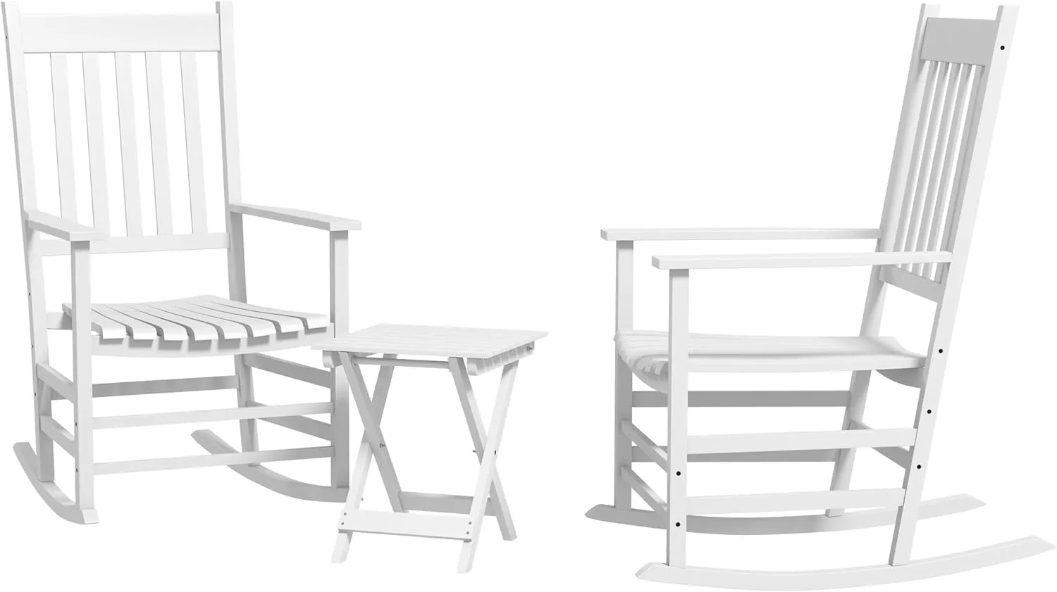 Outsunny Outdoor Rocking Chair Set of 2 with Side Table, Patio Wooden Rocking Chair with Smooth Armrests, High Back for Garden, Balcony, Porch, Supports Up to 352 lbs, White
