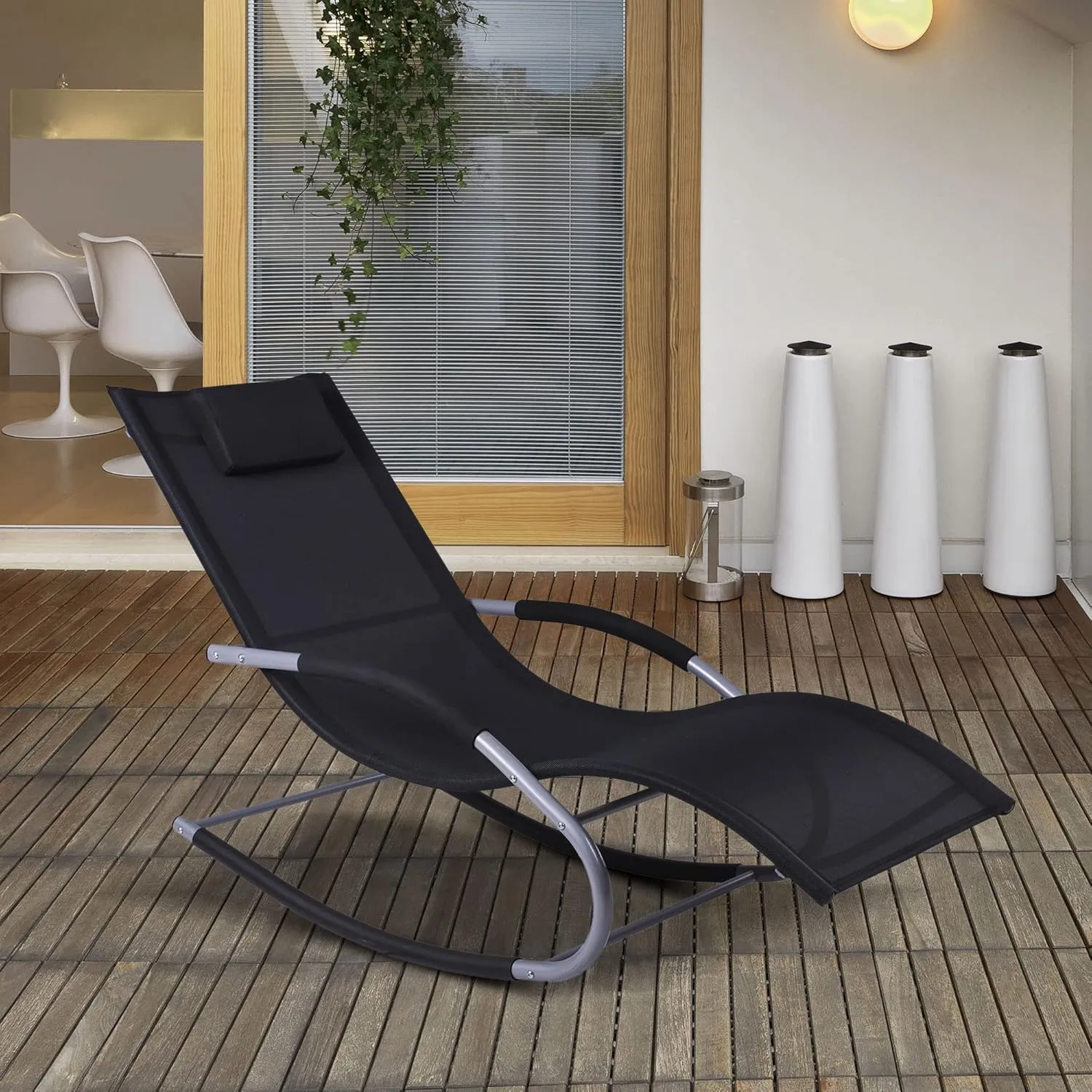 Outsunny Zero Gravity Rocking Chair Outdoor Chaise Lounge Chair Recliner Rocker with Detachable Pillow and Weather-Fighting Fabric for Patio, Deck, Pool, Black
