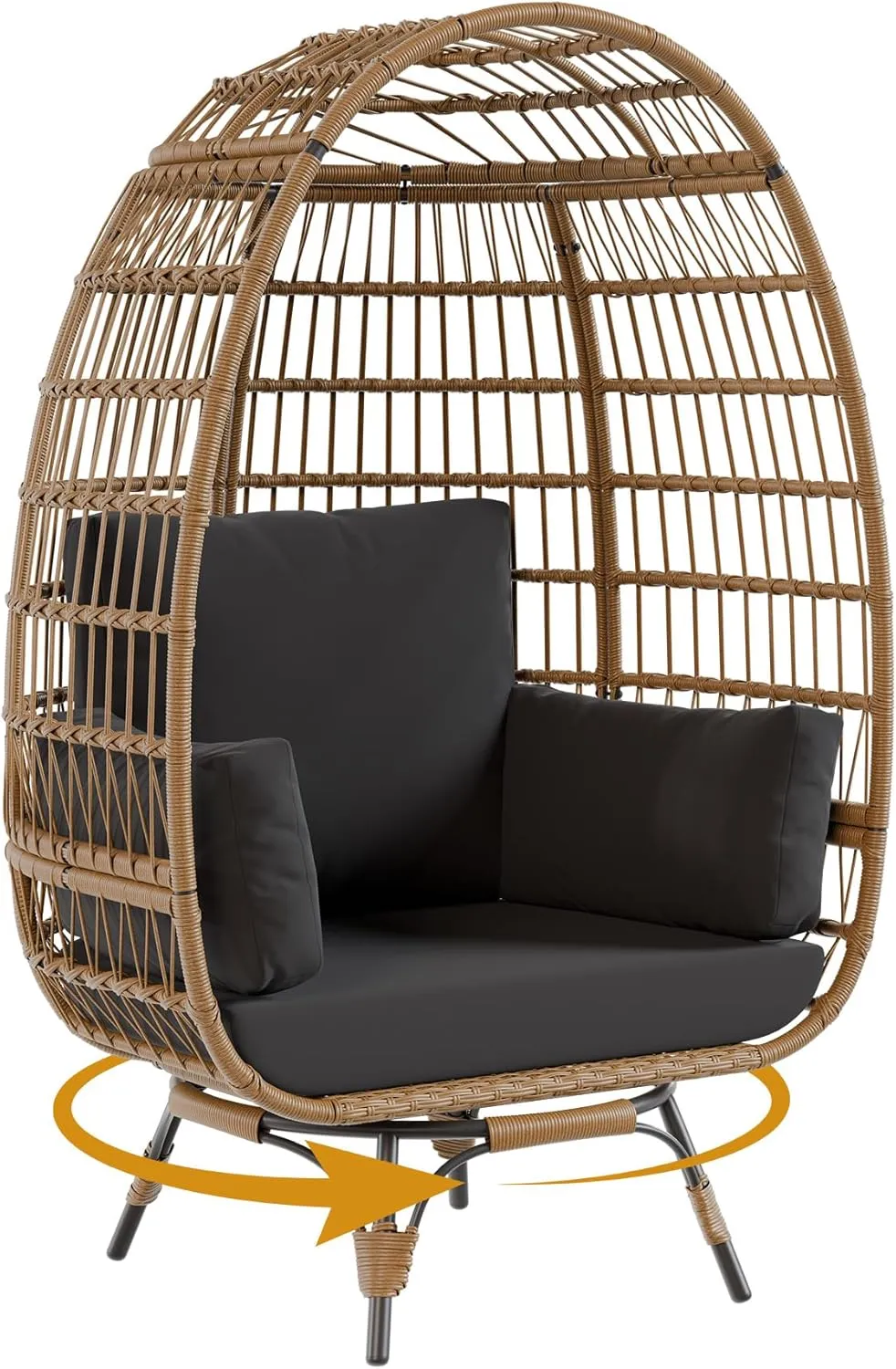 Oversize 360°Swivel Egg Chair Patio Rotating Rattan Egg Basket Lounge Chair, Wicker Egg-Shaped Chair w/Steel Frame Stand and 4 Cushions for Patio, Porch, Backyard, Living Room, Black