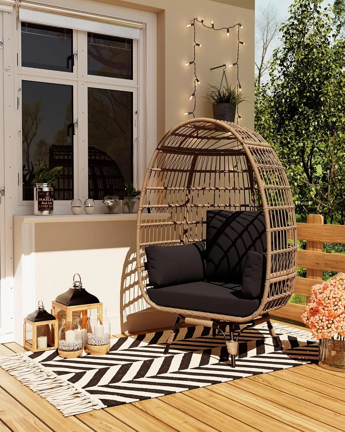 Oversize 360°Swivel Egg Chair Patio Rotating Rattan Egg Basket Lounge Chair, Wicker Egg-Shaped Chair w/Steel Frame Stand and 4 Cushions for Patio, Porch, Backyard, Living Room, Black