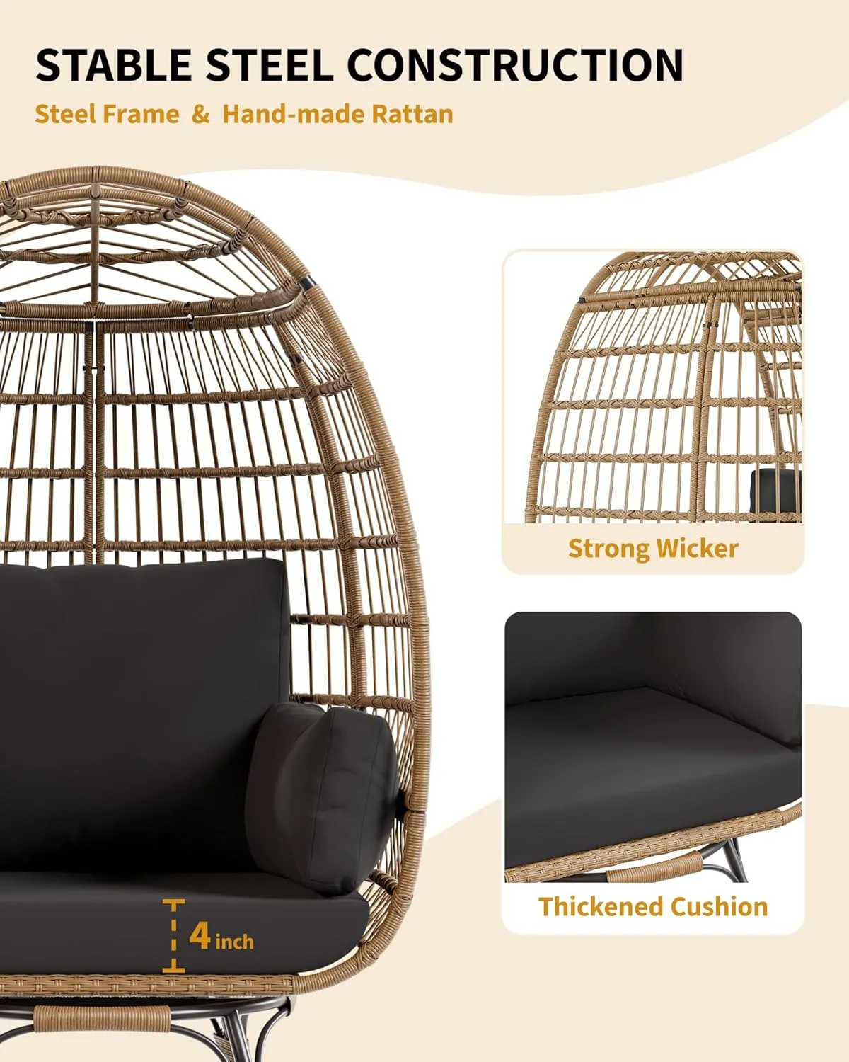 Oversize 360°Swivel Egg Chair Patio Rotating Rattan Egg Basket Lounge Chair, Wicker Egg-Shaped Chair w/Steel Frame Stand and 4 Cushions for Patio, Porch, Backyard, Living Room, Black