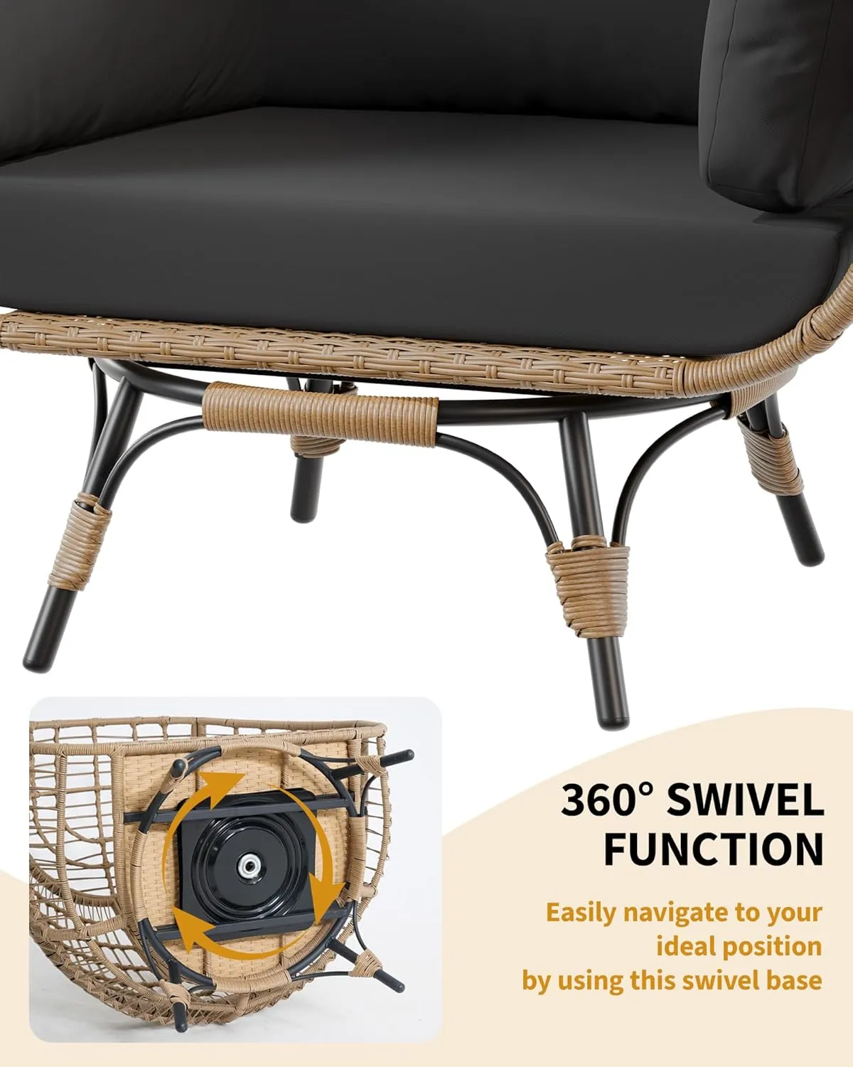 Oversize 360°Swivel Egg Chair Patio Rotating Rattan Egg Basket Lounge Chair, Wicker Egg-Shaped Chair w/Steel Frame Stand and 4 Cushions for Patio, Porch, Backyard, Living Room, Black