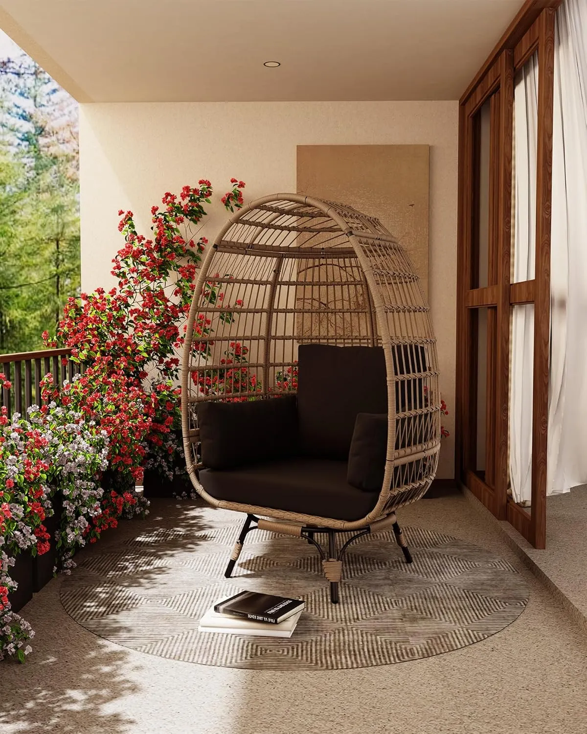 Oversize 360°Swivel Egg Chair Patio Rotating Rattan Egg Basket Lounge Chair, Wicker Egg-Shaped Chair w/Steel Frame Stand and 4 Cushions for Patio, Porch, Backyard, Living Room, Black