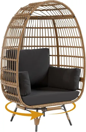 Oversize 360°Swivel Egg Chair Patio Rotating Rattan Egg Basket Lounge Chair, Wicker Egg-Shaped Chair w/Steel Frame Stand and 4 Cushions for Patio, Porch, Backyard, Living Room, Black